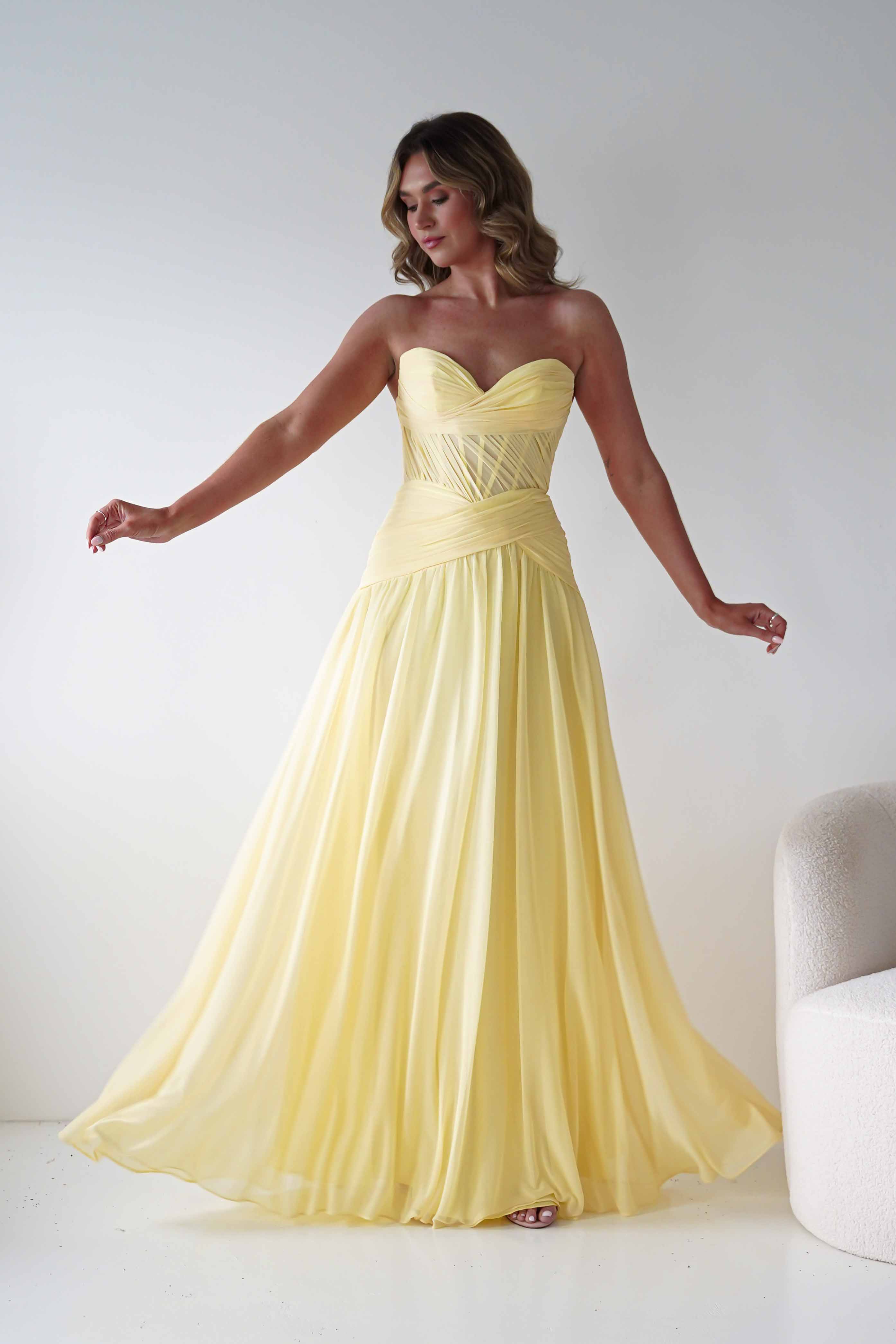 Oh Hello Clothing Women > Clothing > Dresses Nicolette Strapless Chiffon Maxi Gown | Yellow