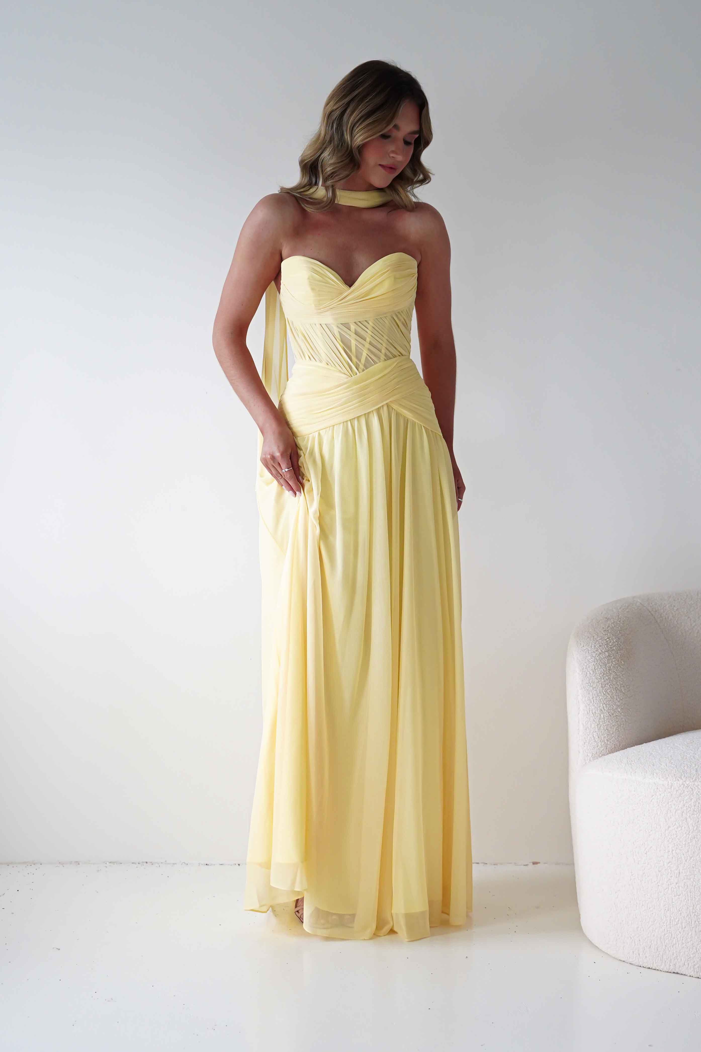 Oh Hello Clothing Women > Clothing > Dresses Nicolette Strapless Chiffon Maxi Gown | Yellow