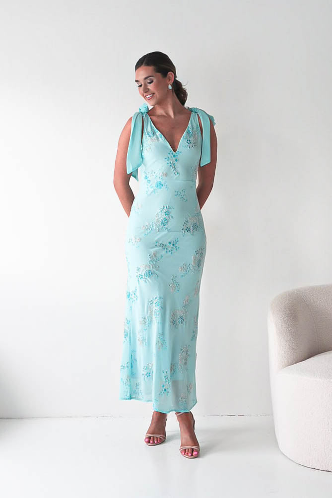 Oh Hello Clothing Women > Clothing > Dresses Noah Floral Embellished Maxi Dress | Turquoise Blue