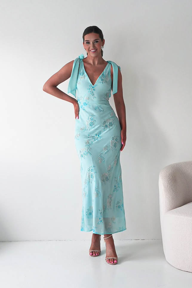 Oh Hello Clothing Women > Clothing > Dresses Noah Floral Embellished Maxi Dress | Turquoise Blue