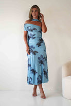 Noelani Floral Mesh Scarf Maxi Dress Blue | Wedding Guest Dress | Maxi | Mesh | Oh Hello Clothing