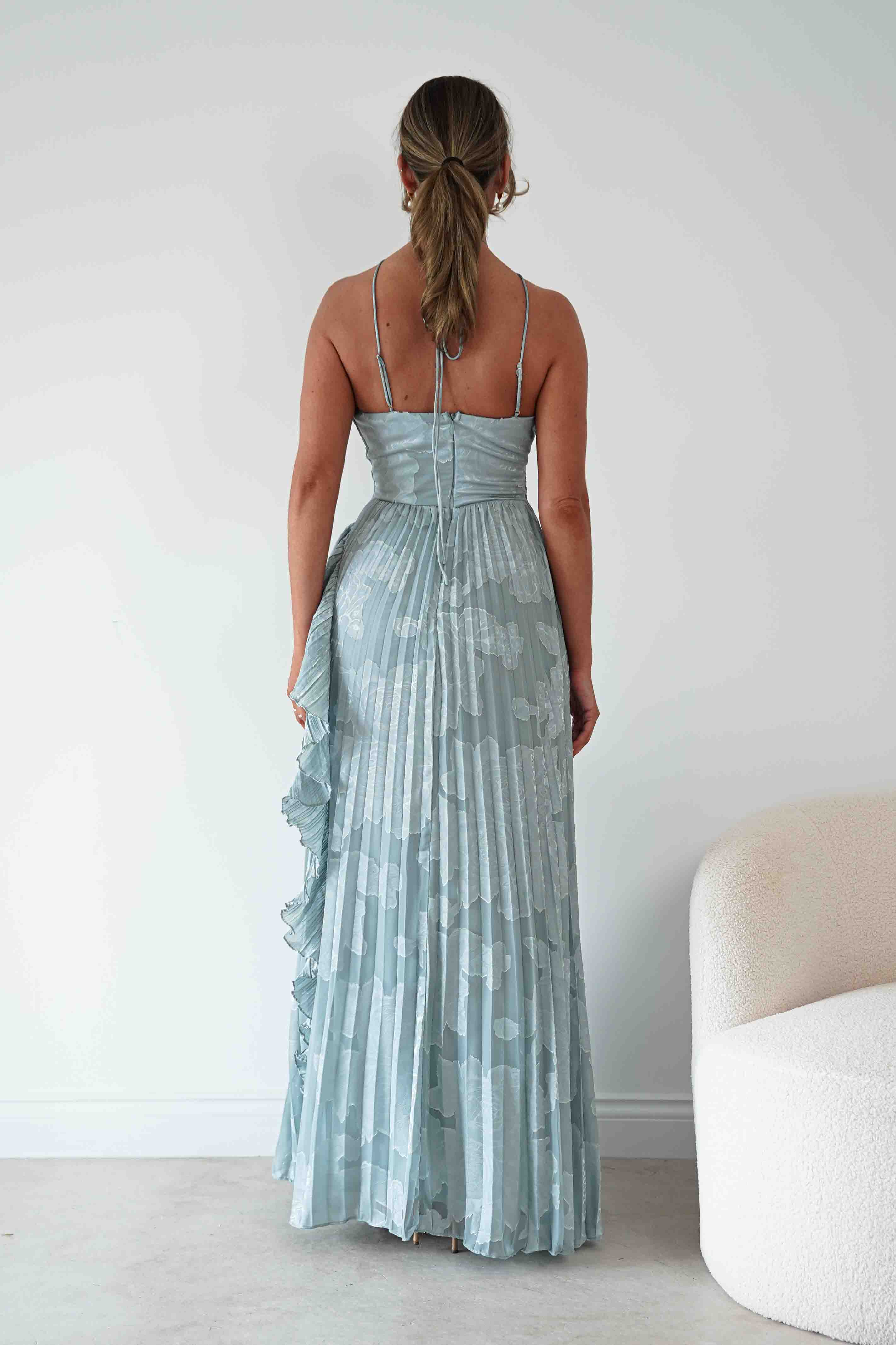 Oh Hello Clothing Women > Clothing > Dresses Oaklyn Floral Textured Ruffle Pleated Maxi Dress | Dusty Blue