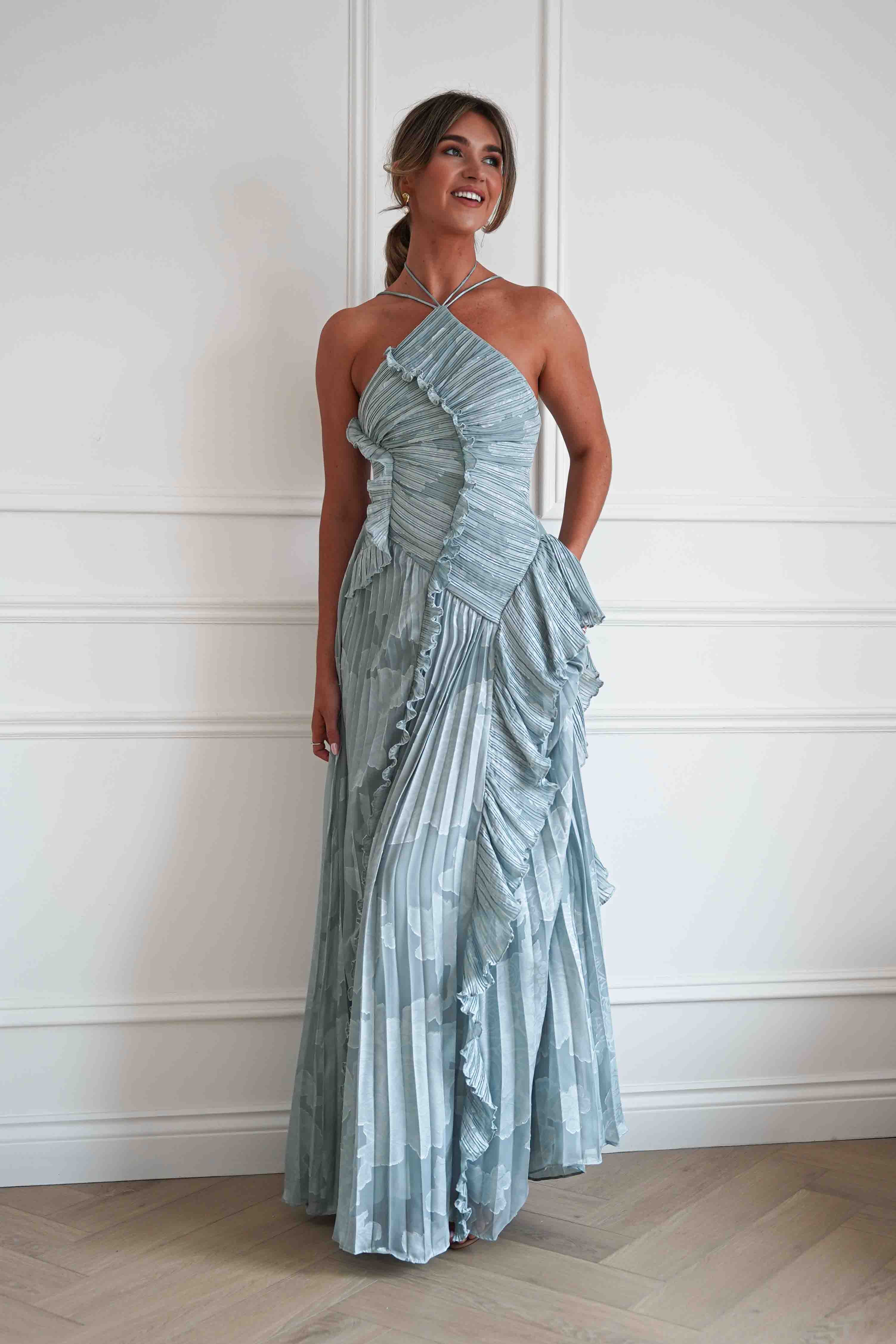 Oh Hello Clothing Women > Clothing > Dresses Oaklyn Floral Textured Ruffle Pleated Maxi Dress | Dusty Blue