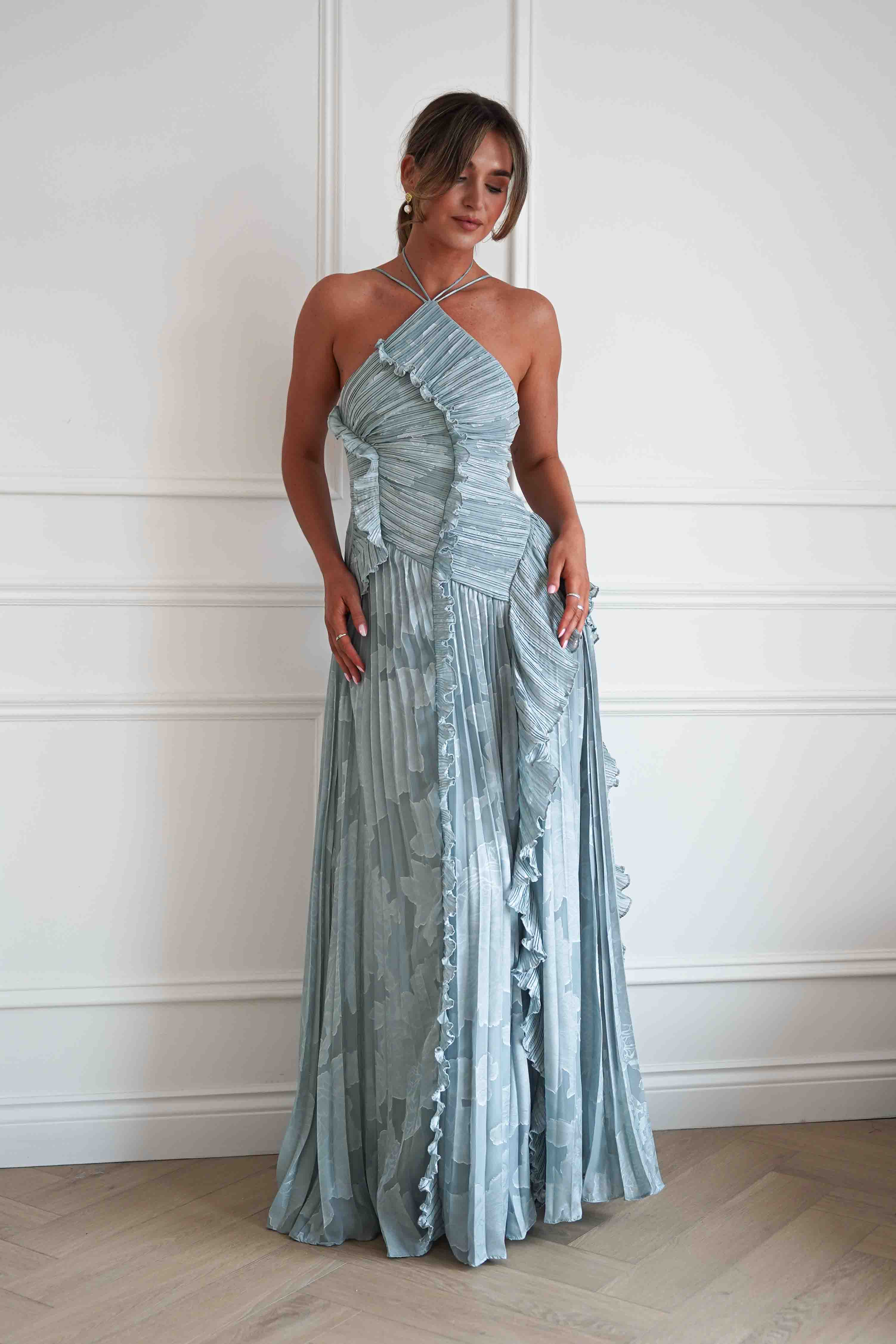 Oh Hello Clothing Women > Clothing > Dresses Oaklyn Floral Textured Ruffle Pleated Maxi Dress | Dusty Blue