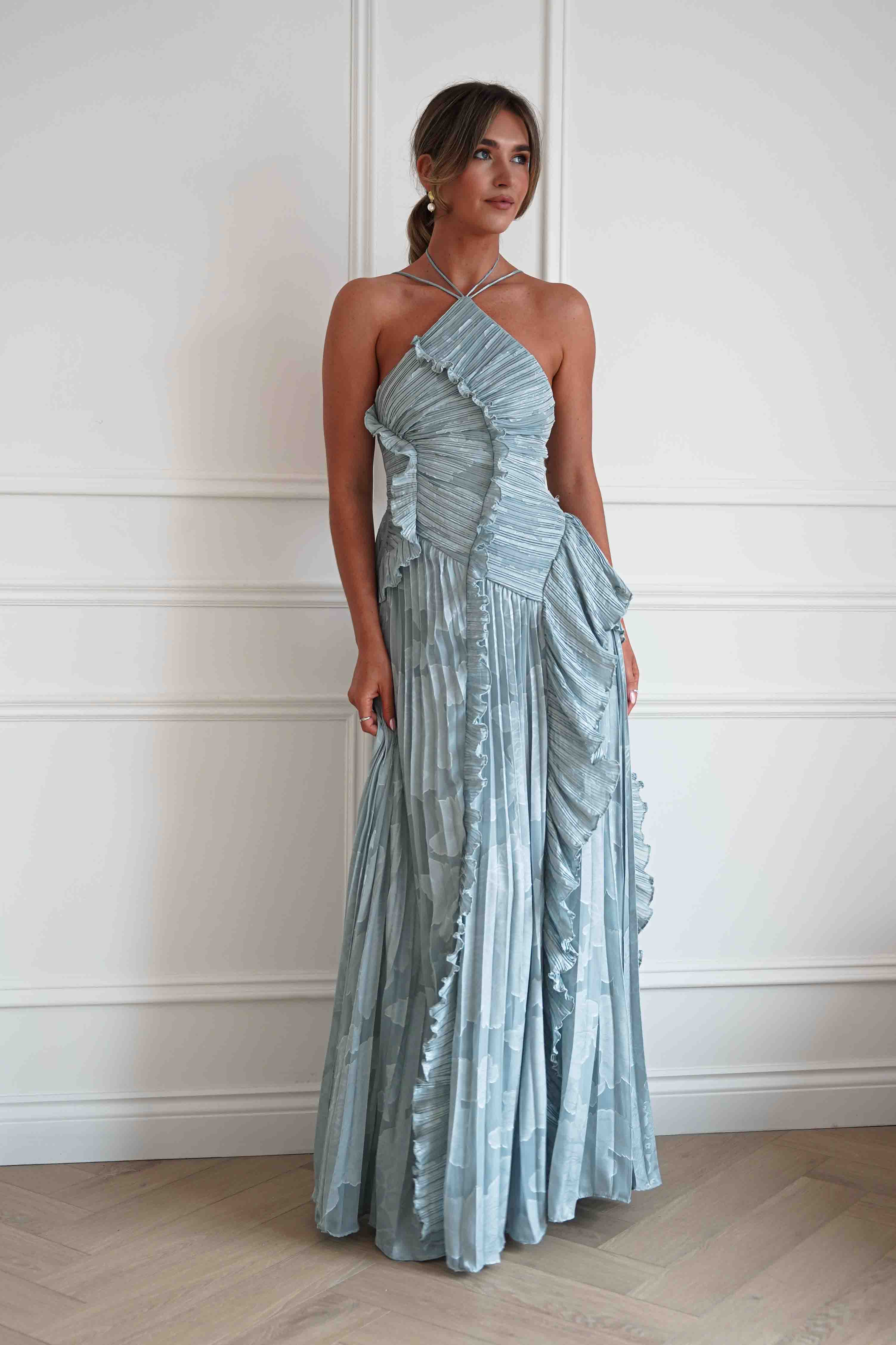 Oh Hello Clothing Women > Clothing > Dresses Oaklyn Floral Textured Ruffle Pleated Maxi Dress | Dusty Blue