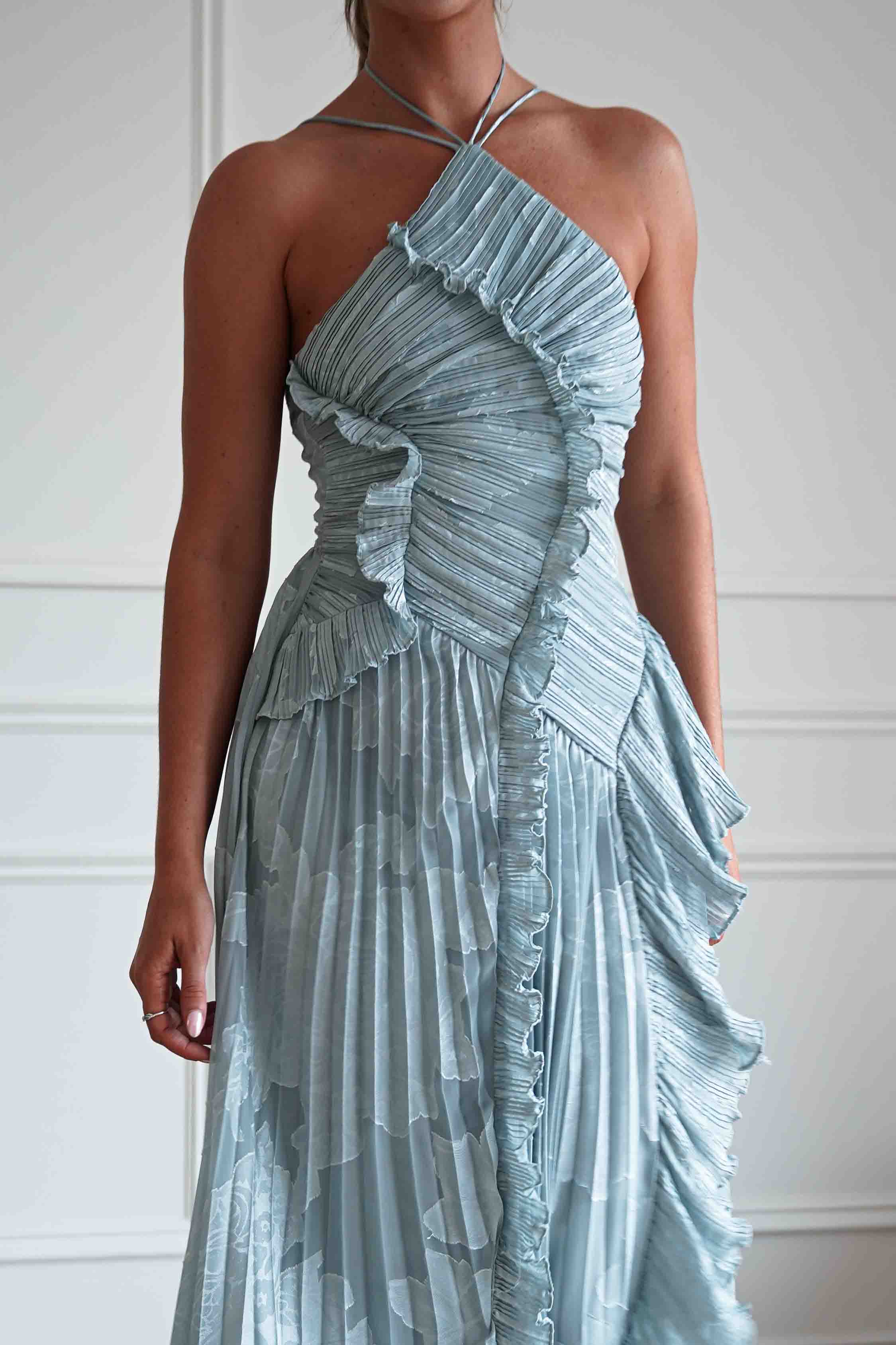 Oh Hello Clothing Women > Clothing > Dresses Oaklyn Floral Textured Ruffle Pleated Maxi Dress | Dusty Blue