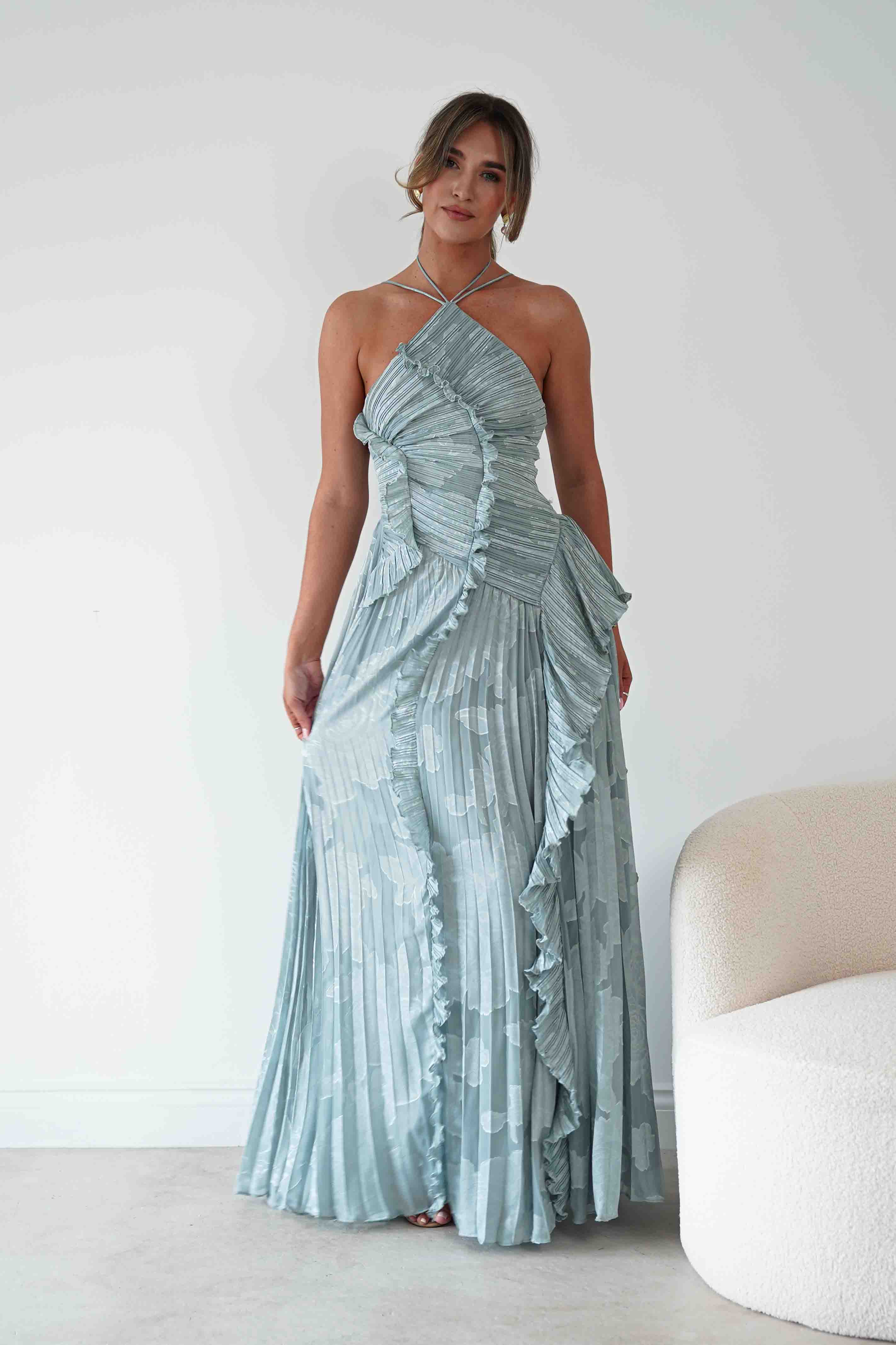 Oh Hello Clothing Women > Clothing > Dresses Oaklyn Floral Textured Ruffle Pleated Maxi Dress | Dusty Blue