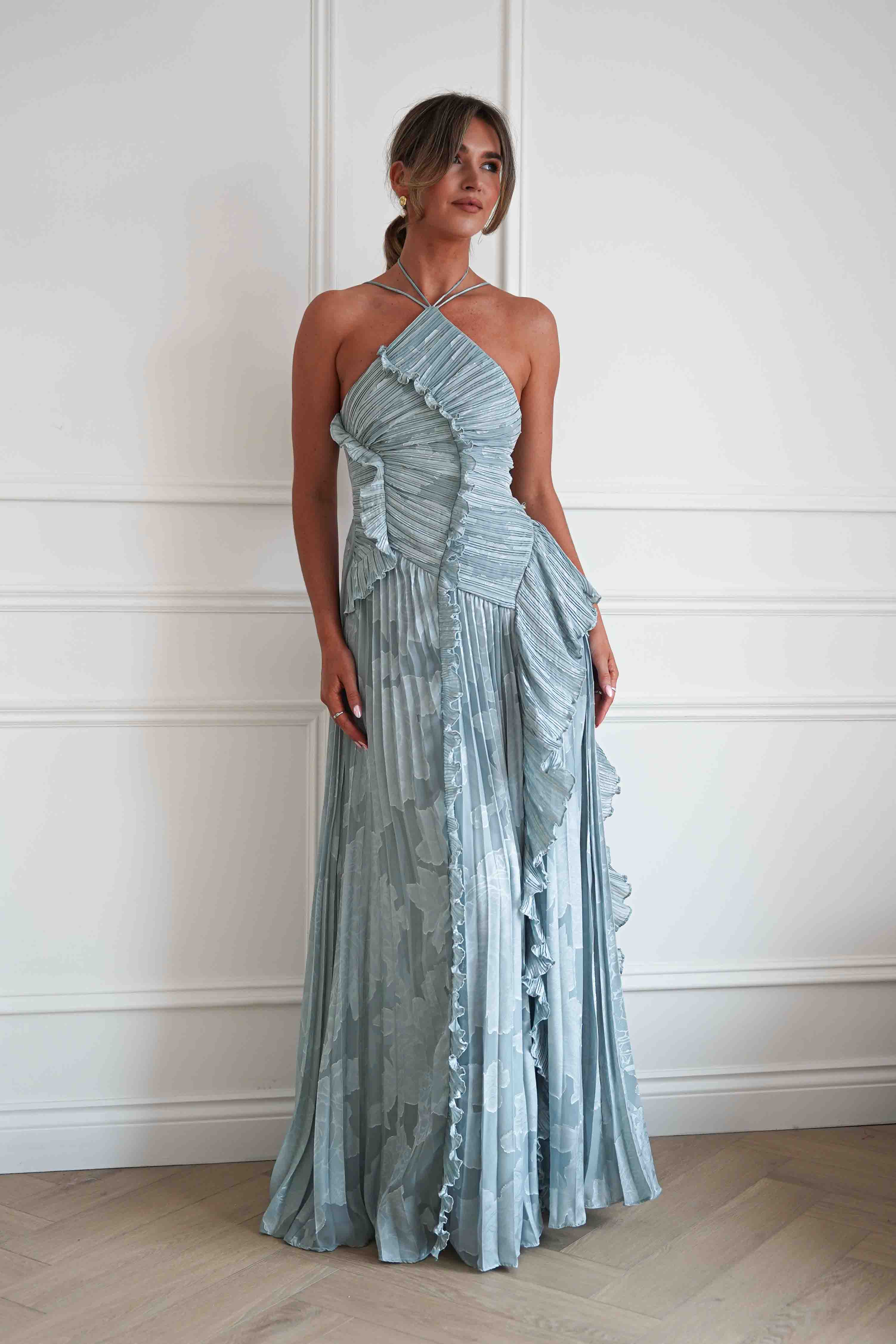 Oh Hello Clothing Women > Clothing > Dresses Oaklyn Floral Textured Ruffle Pleated Maxi Dress | Dusty Blue