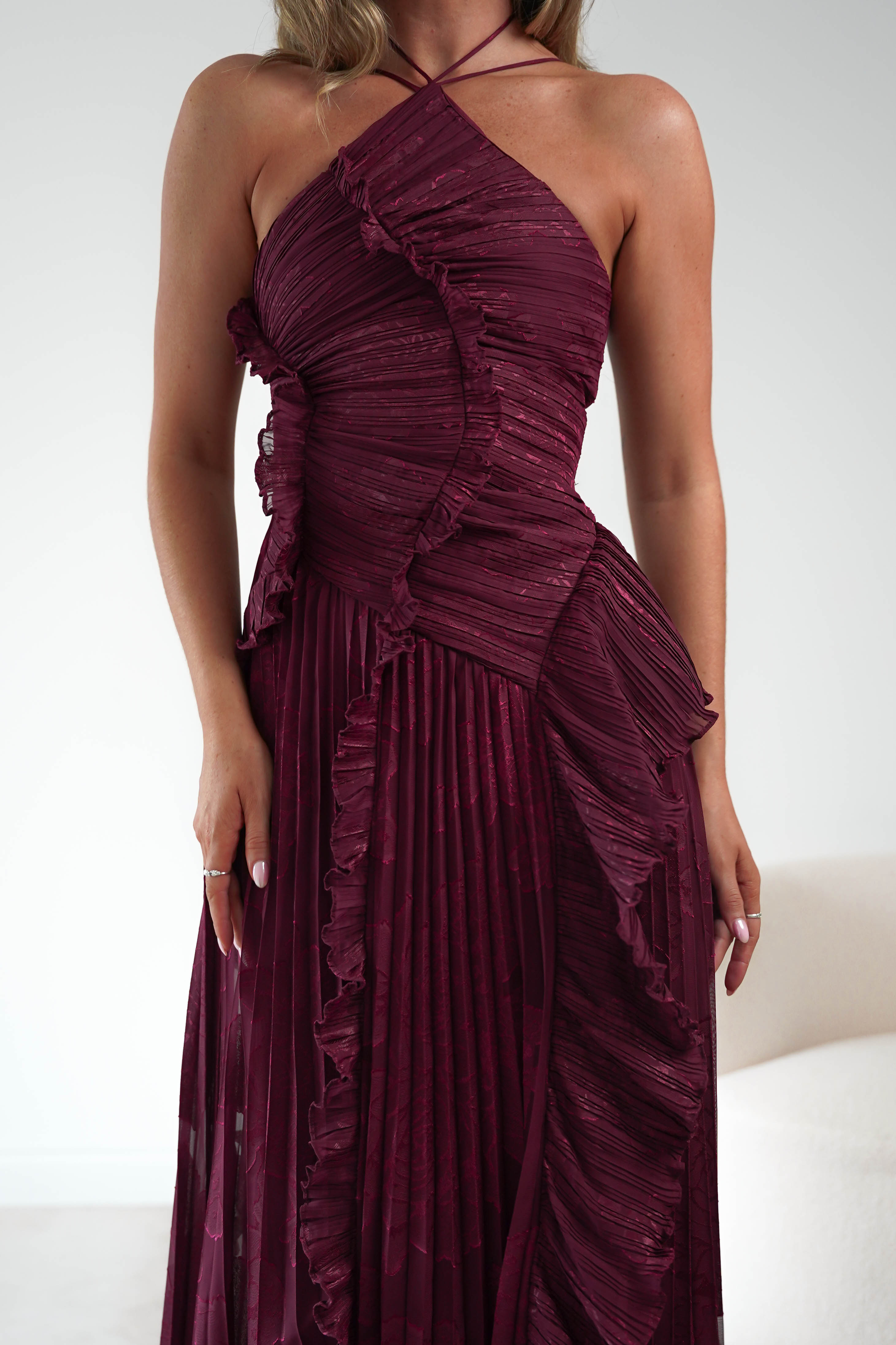 Oh Hello Clothing Women > Clothing > Dresses Oaklyn Floral Textured Ruffle Pleated Maxi Dress | Wine