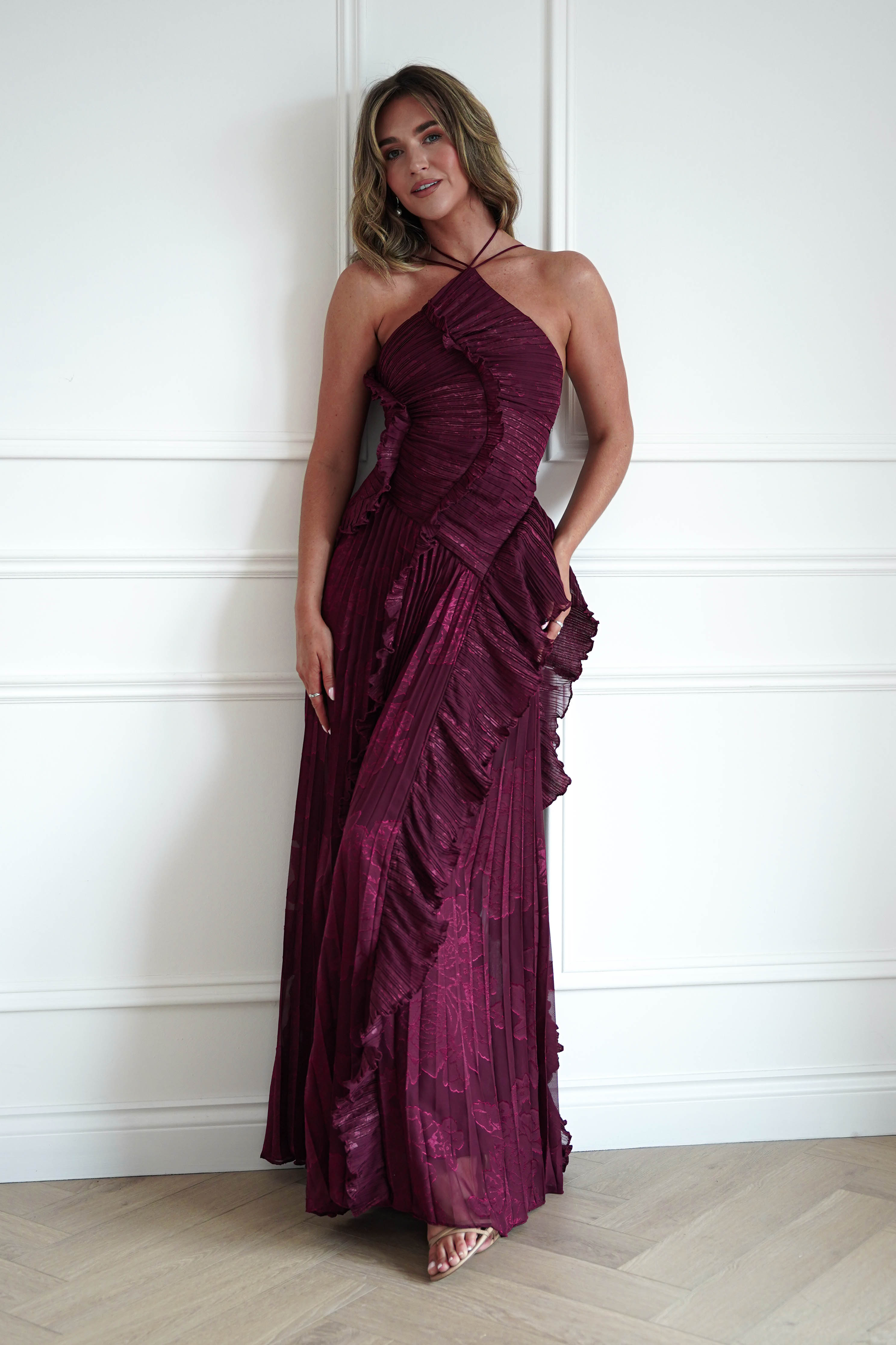 Oh Hello Clothing Women > Clothing > Dresses Oaklyn Floral Textured Ruffle Pleated Maxi Dress | Wine