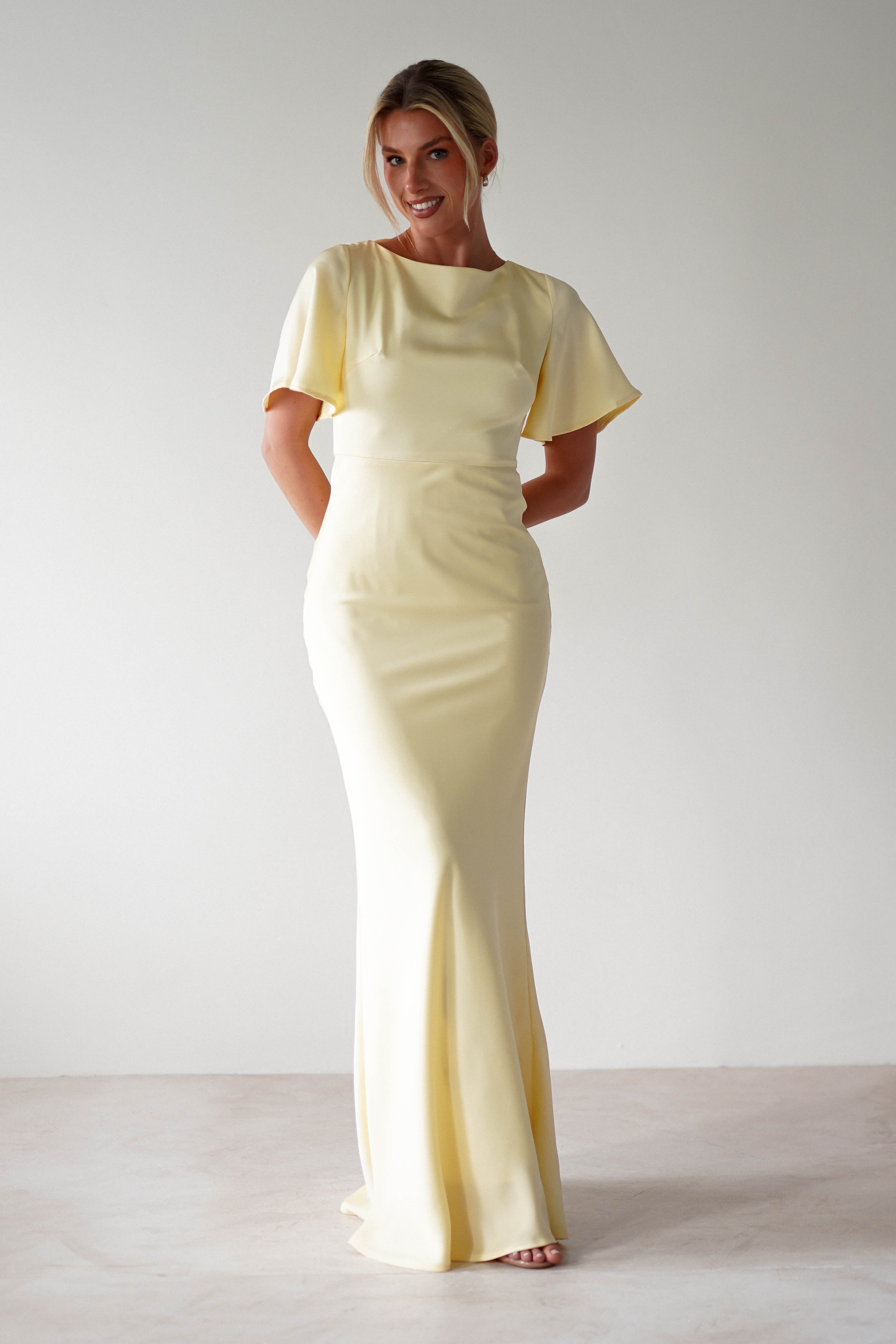 Olivia Soft Matte Satin Maxi Dress Yellow | Wedding Guest Dress | Maxi | Satin | Oh Hello Clothing