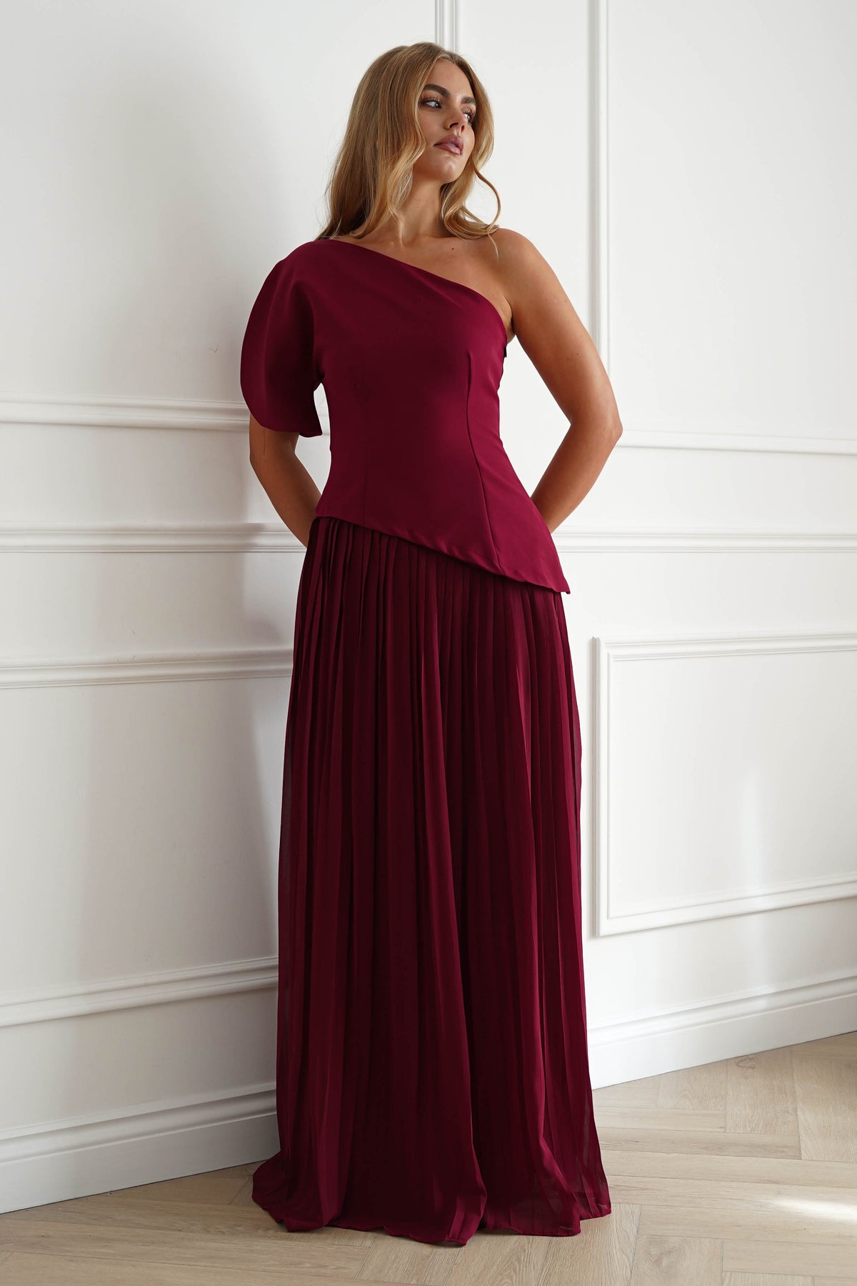 Oh Hello Clothing Women > Clothing > Dresses Orla One Shoulder Pleated Maxi Dress | Wine