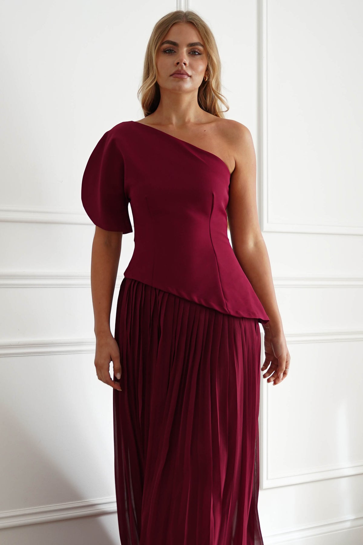 Oh Hello Clothing Women > Clothing > Dresses Orla One Shoulder Pleated Maxi Dress | Wine