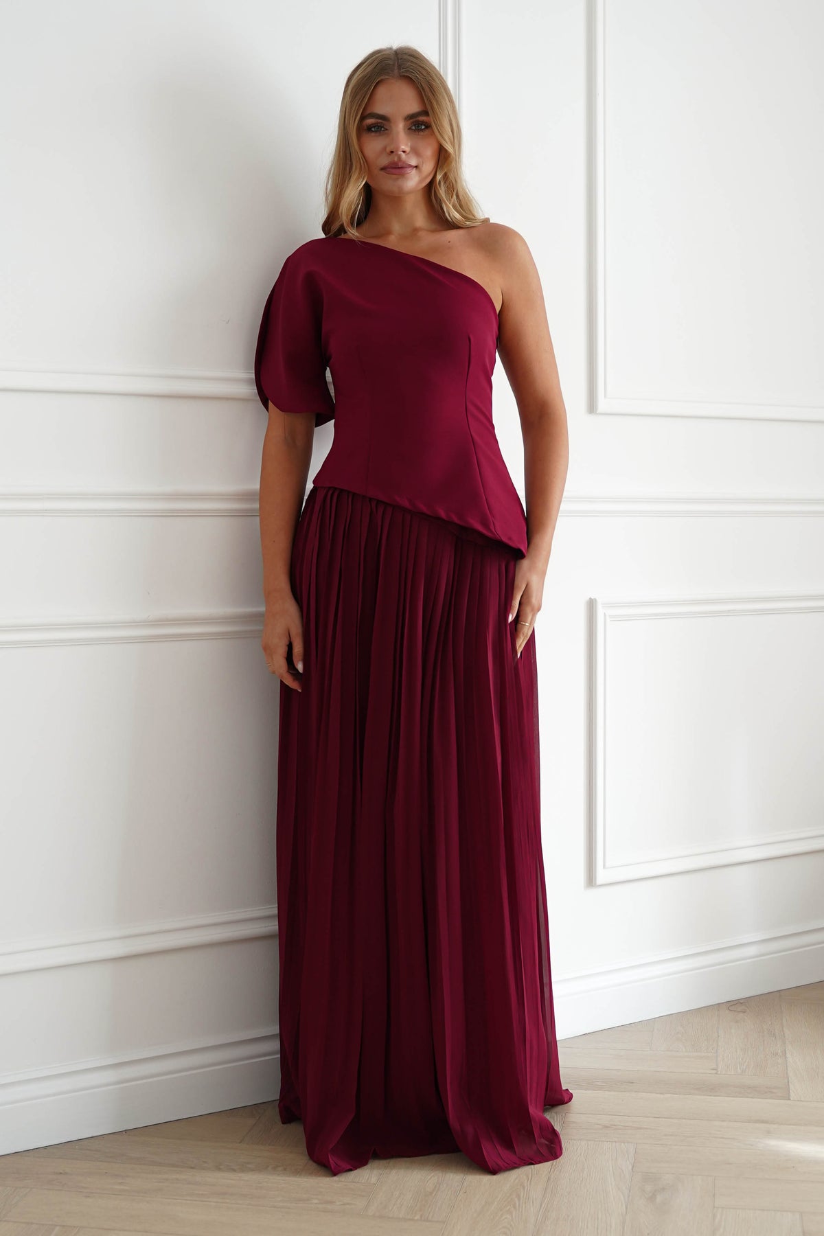 Oh Hello Clothing Women > Clothing > Dresses Orla One Shoulder Pleated Maxi Dress | Wine