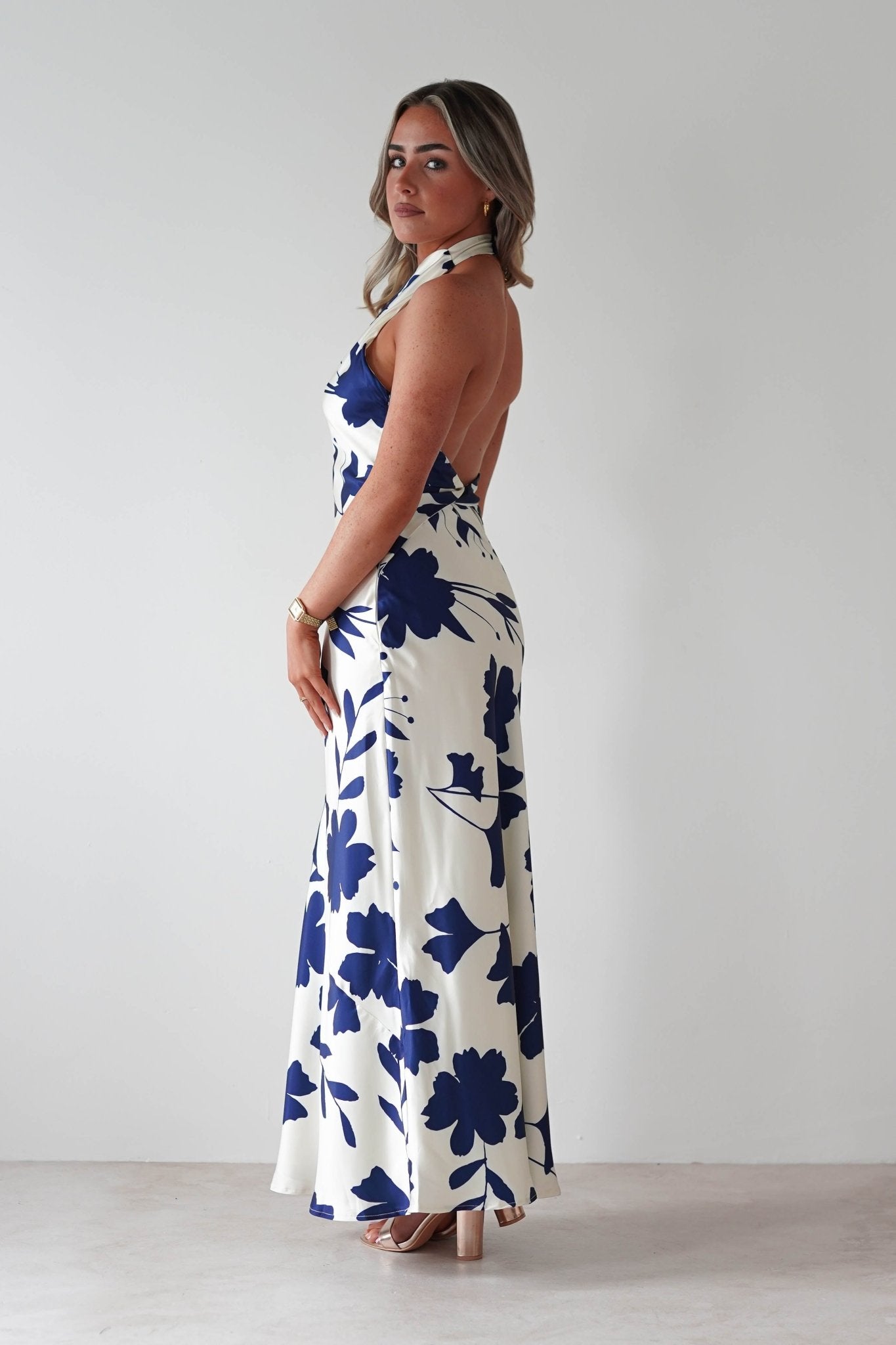 Pagoda Floral Satin Maxi Dress Cream/Navy | Wedding Guest Dress | Maxi | Satin | Oh Hello Clothing