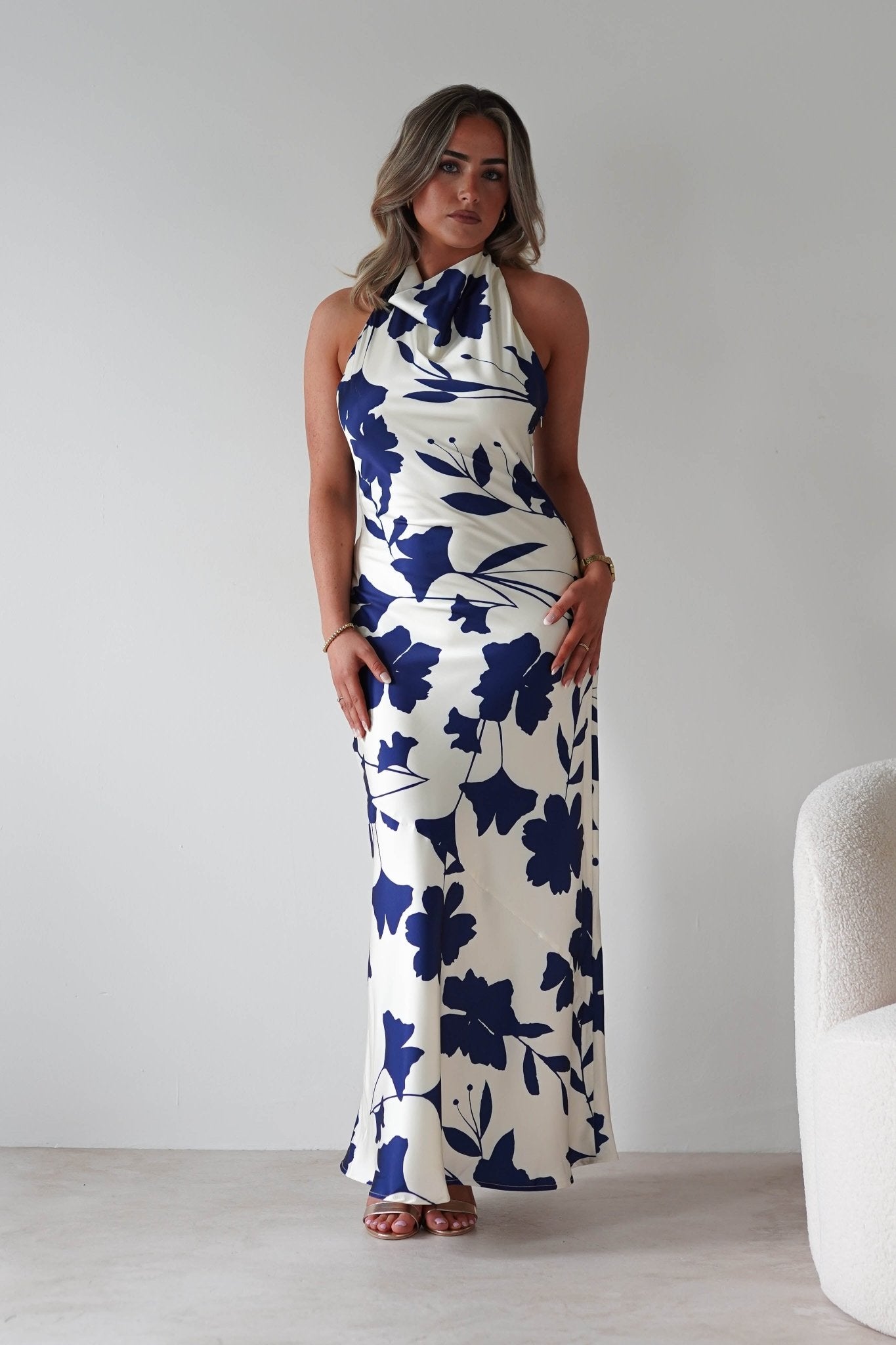 Pagoda Floral Satin Maxi Dress Cream/Navy | Wedding Guest Dress | Maxi | Satin | Oh Hello Clothing