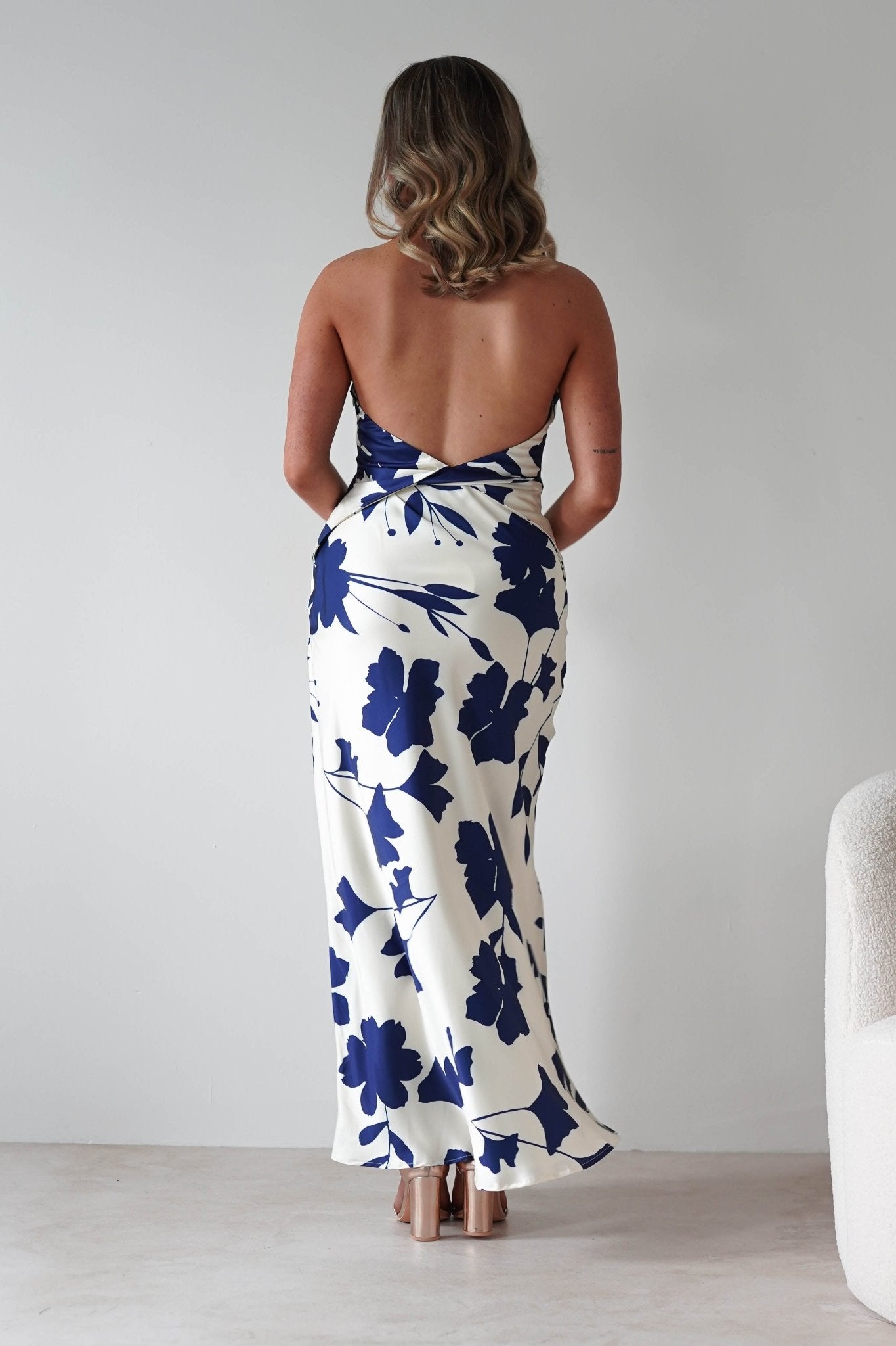 Pagoda Floral Satin Maxi Dress Cream/Navy | Wedding Guest Dress | Maxi | Satin | Oh Hello Clothing