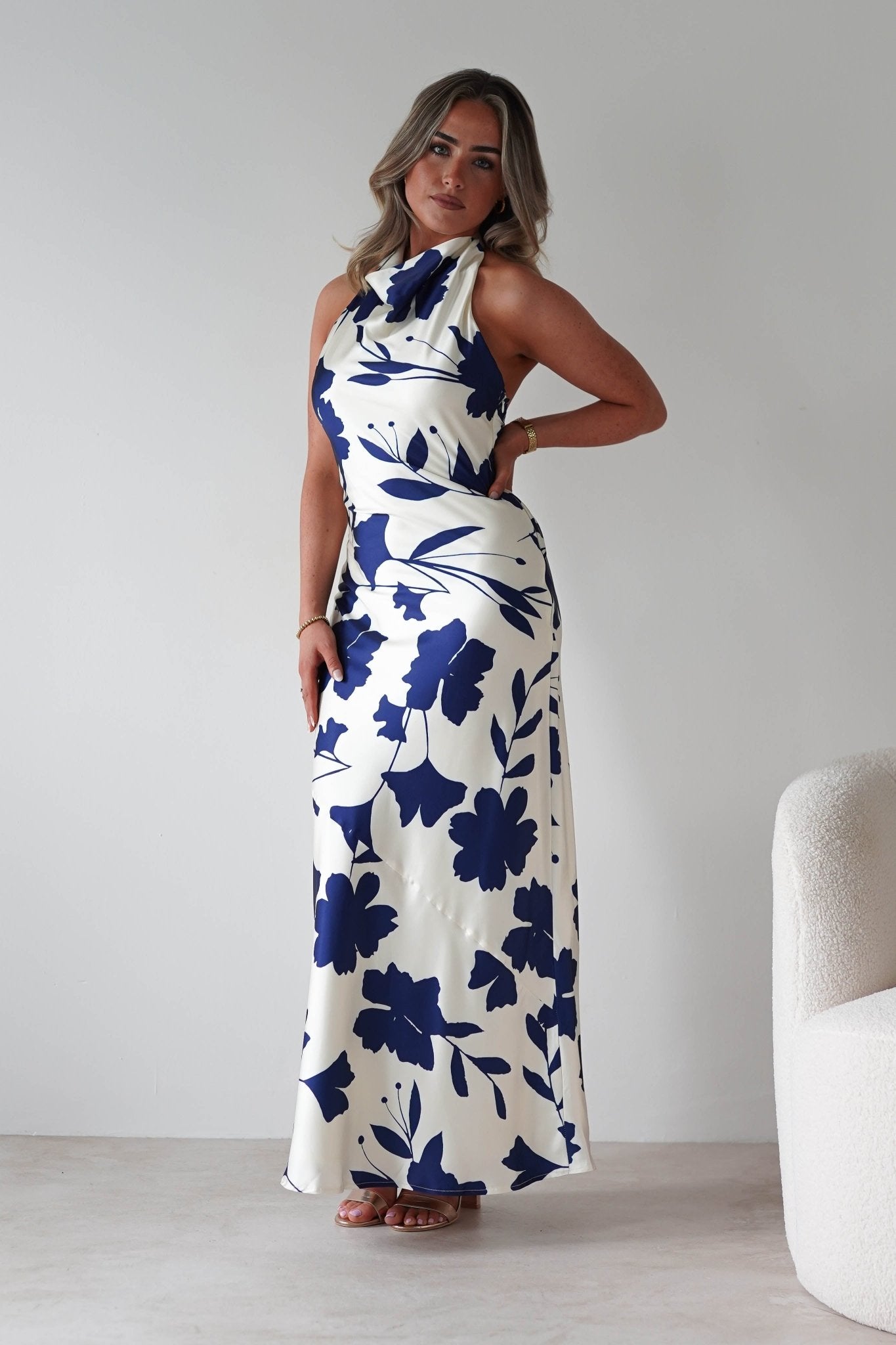 Pagoda Floral Satin Maxi Dress Cream/Navy | Wedding Guest Dress | Maxi | Satin | Oh Hello Clothing