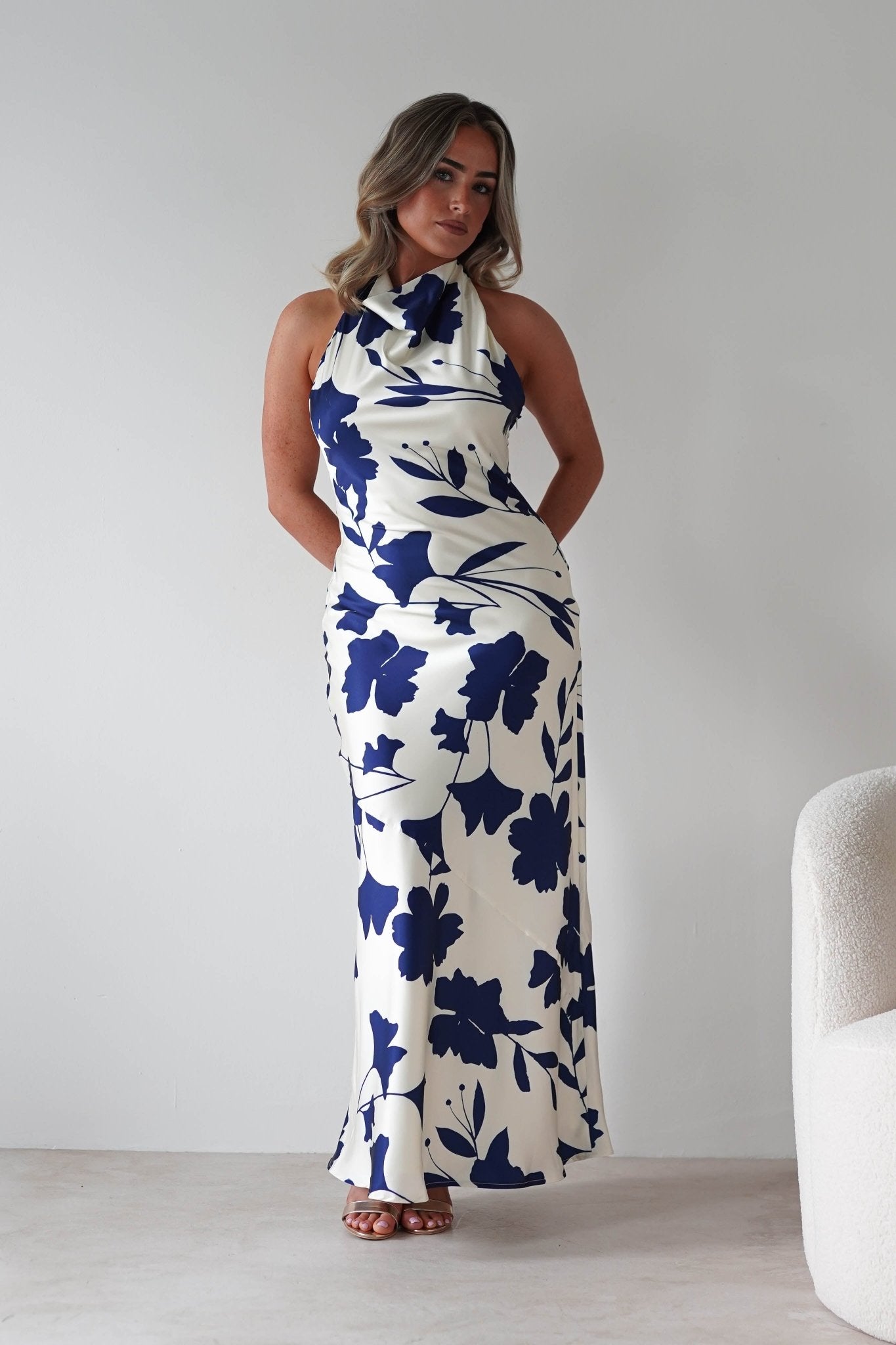 Pagoda Floral Satin Maxi Dress Cream/Navy | Wedding Guest Dress | Maxi | Satin | Oh Hello Clothing