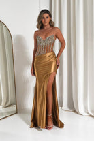 Oh Hello Clothing Dresses 1*DONE -CINDERALLA-CDS538-Gold Crystal-Embellished Sheer Corset Evening Gown