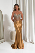 Oh Hello Clothing Dresses 1*DONE -CINDERALLA-CDS538-Gold Crystal-Embellished Sheer Corset Evening Gown