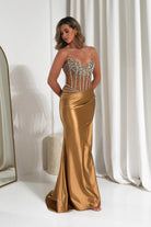 Oh Hello Clothing Dresses 1*DONE -CINDERALLA-CDS538-Gold Crystal-Embellished Sheer Corset Evening Gown