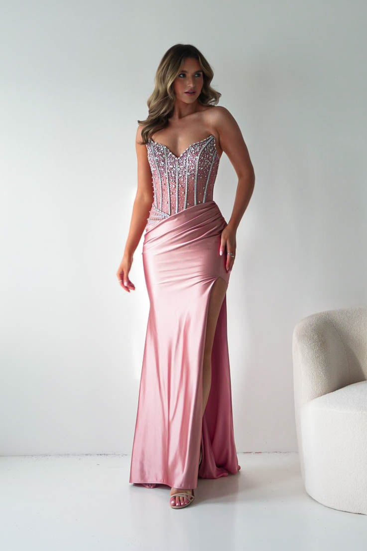 Oh Hello Clothing Dresses > Prom Dresses Paloma Crystal Embellished Sheer Corset Gown | Rose