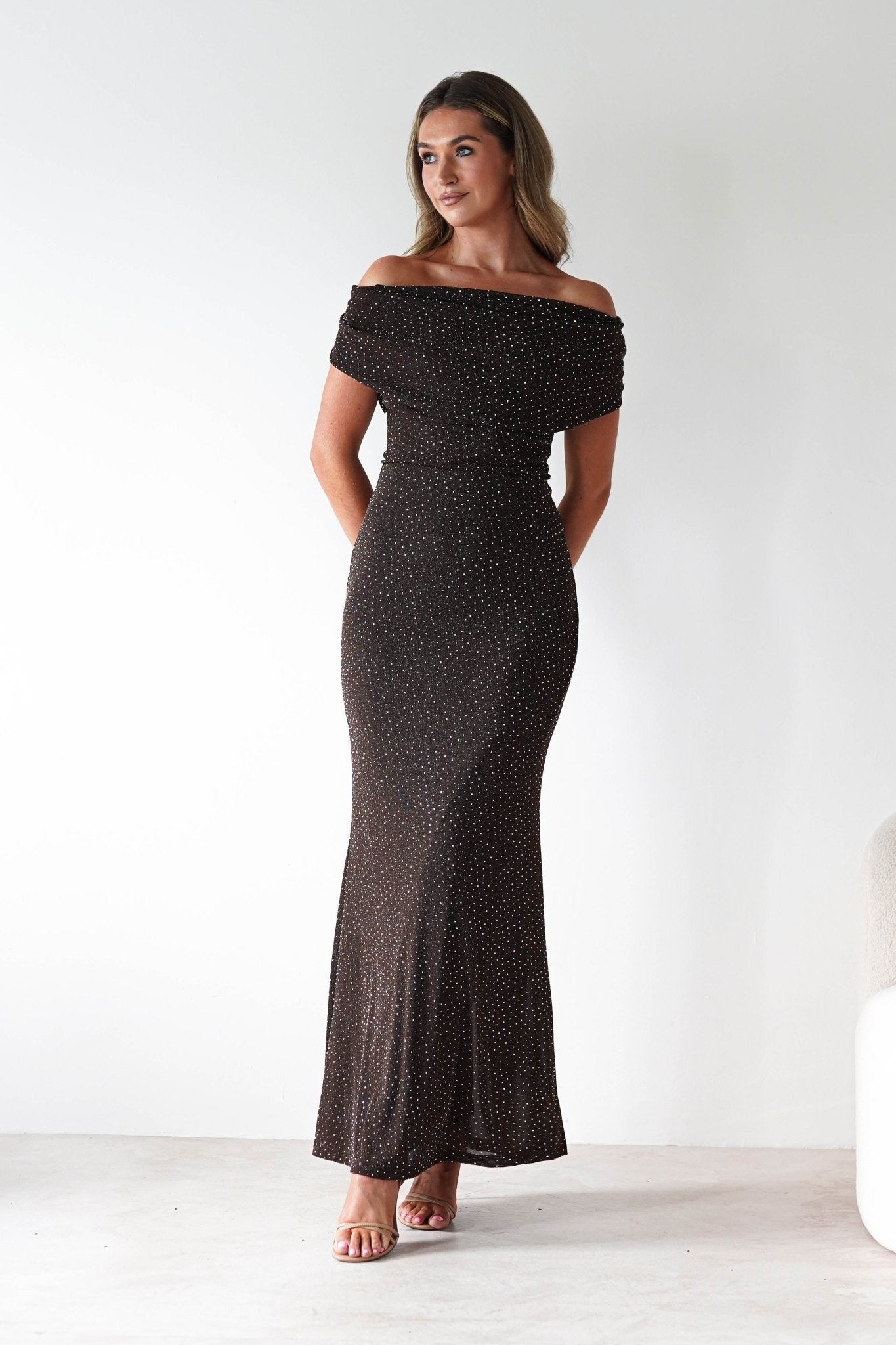 Pascal Bodycon Embellished Maxi Dress Brown | Wedding Guest Dress | Bodycon | Maxi | Oh Hello Clothing