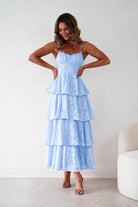 Oh Hello Clothing Women > Clothing > Dresses Patsy Floral Jacquard Tiered Maxi Dress | Blue