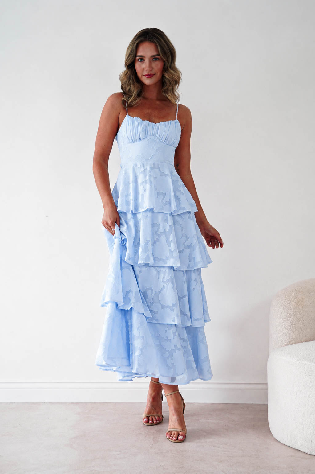 Oh Hello Clothing Women > Clothing > Dresses Patsy Floral Jacquard Tiered Maxi Dress | Blue