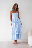 Oh Hello Clothing Women > Clothing > Dresses Patsy Floral Jacquard Tiered Maxi Dress | Blue