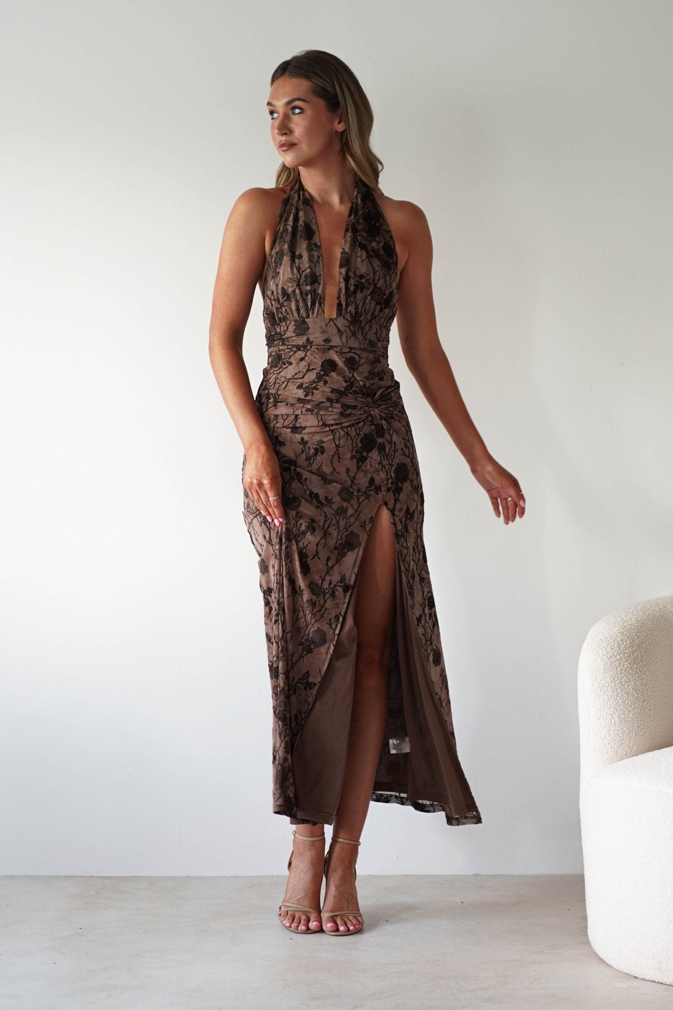 Paxton Halter Neck Floral Maxi Dress Brown | Wedding Guest Dress | Halter Neck | Maxi | Oh Hello Clothing