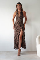 Paxton Halter Neck Floral Maxi Dress Brown | Wedding Guest Dress | Halter Neck | Maxi | Oh Hello Clothing