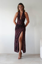 Paxton Halter Neck Floral Maxi Dress Wine | Wedding Guest Dress | Halter Neck | Maxi | Oh Hello Clothing