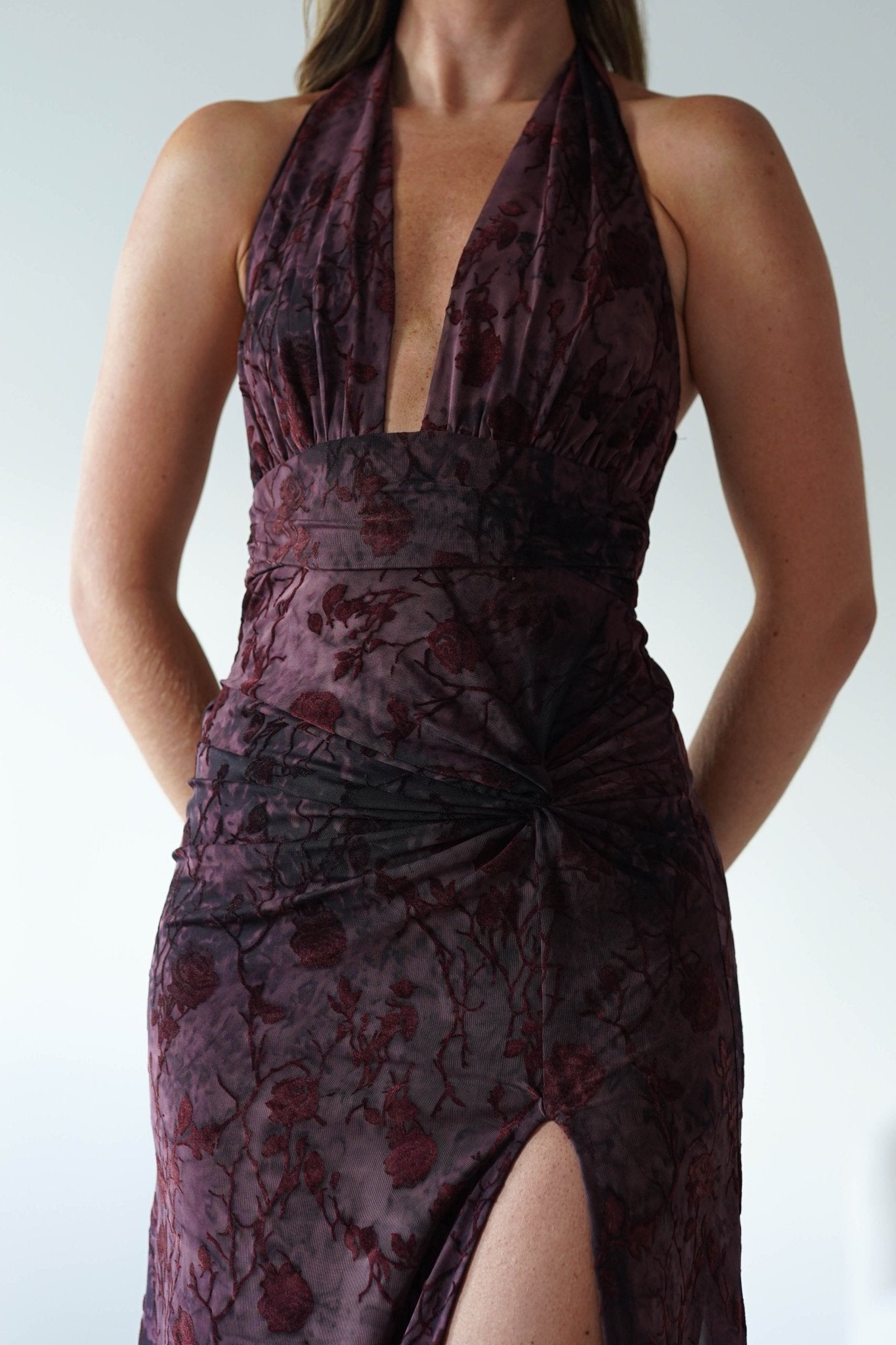 Paxton Halter Neck Floral Maxi Dress Wine | Wedding Guest Dress | Halter Neck | Maxi | Oh Hello Clothing