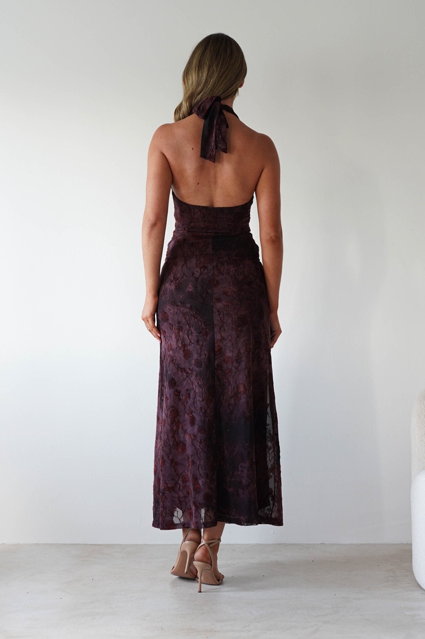 Paxton Halter Neck Floral Maxi Dress Wine | Wedding Guest Dress | Halter Neck | Maxi | Oh Hello Clothing