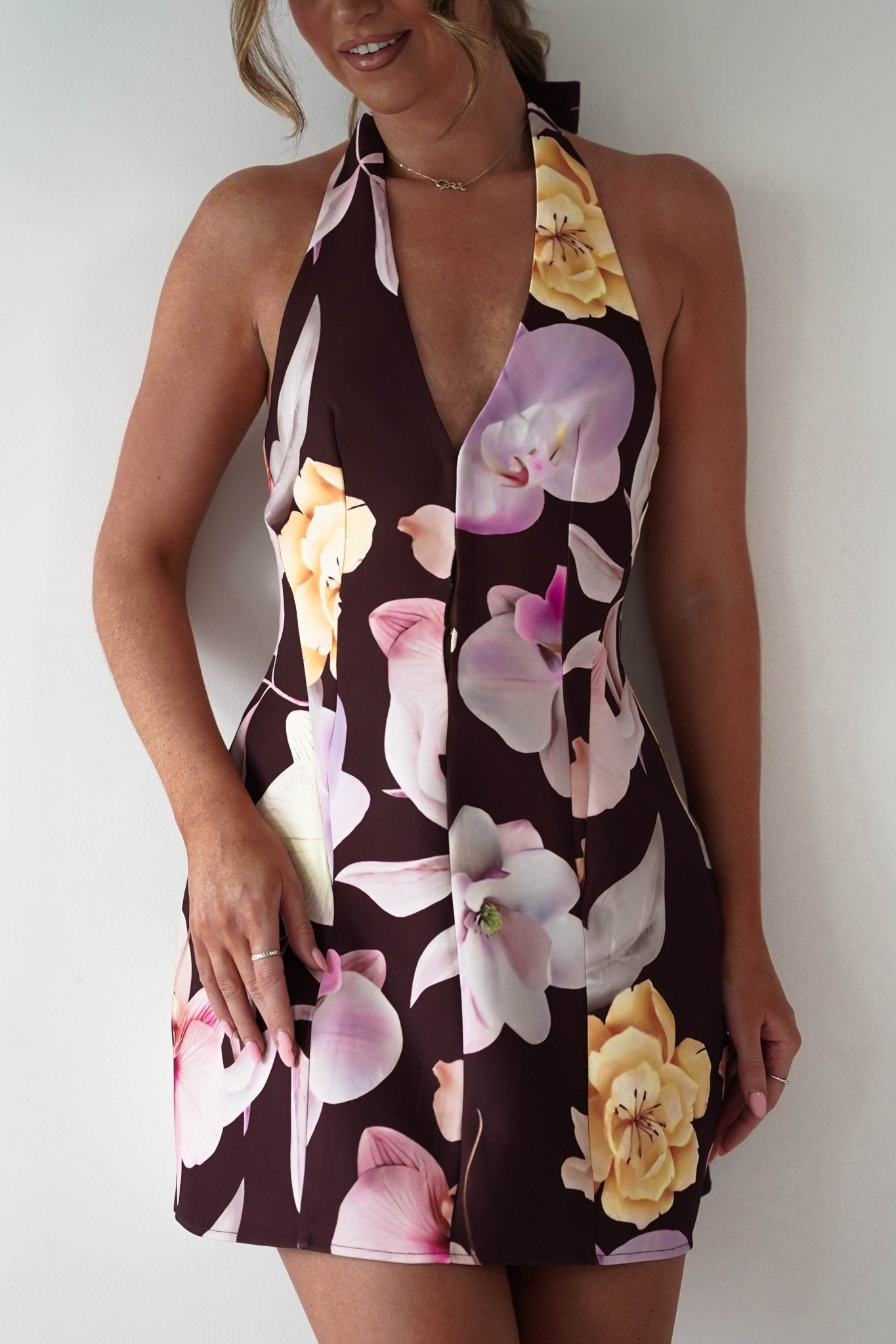 Peony Structured Halter Neck Mini Dress Brown | Wedding Guest Dress | Halter Neck | Oh Hello Clothing