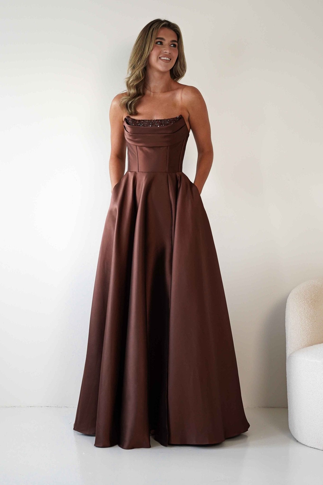 Pepper Strapless A-Line Maxi Gown | Brown | Debs & Prom | Formal Gown | Oh Hello Clothing