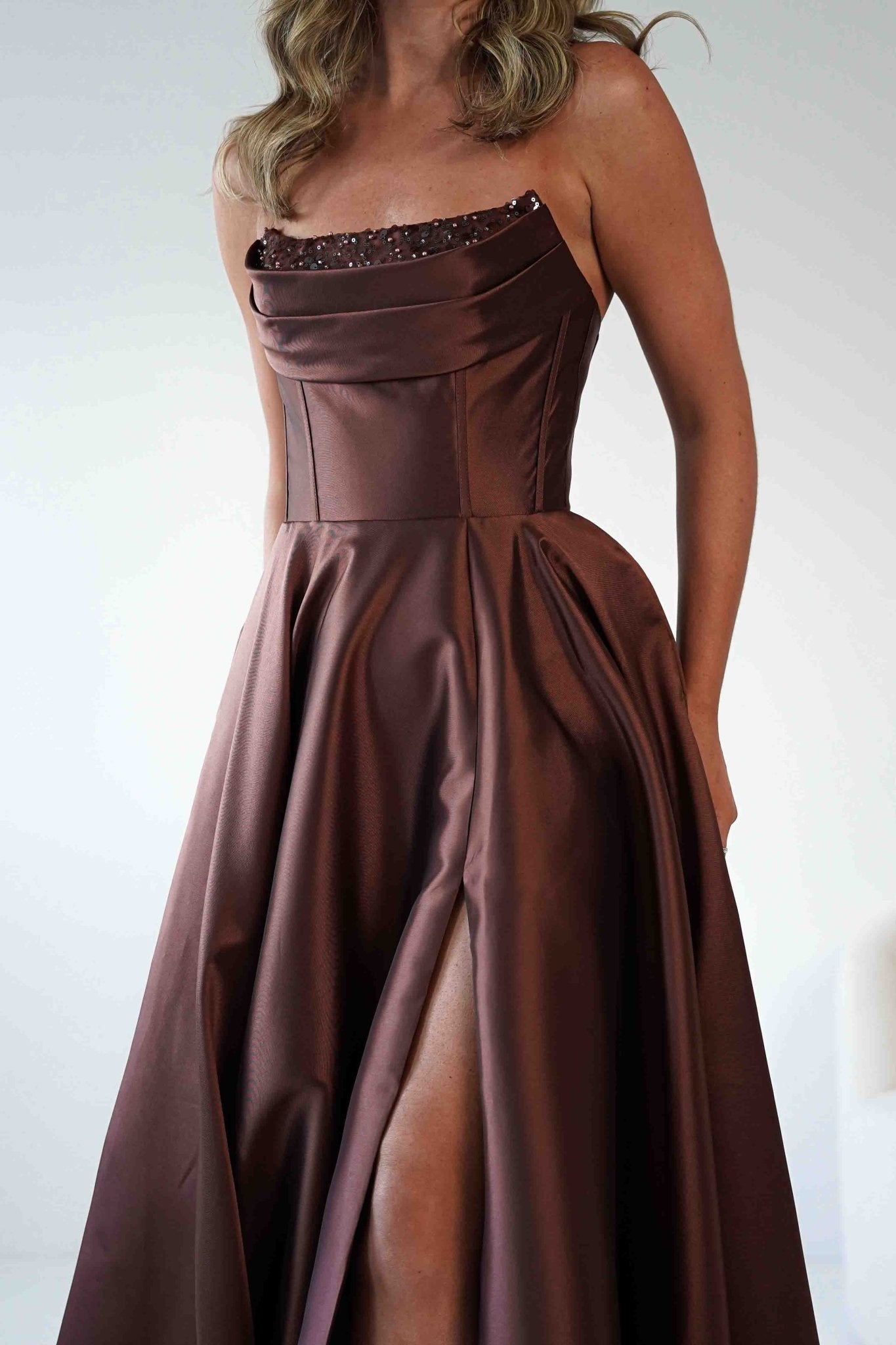 Pepper Strapless A-Line Maxi Gown | Brown | Debs & Prom | Formal Gown | Oh Hello Clothing