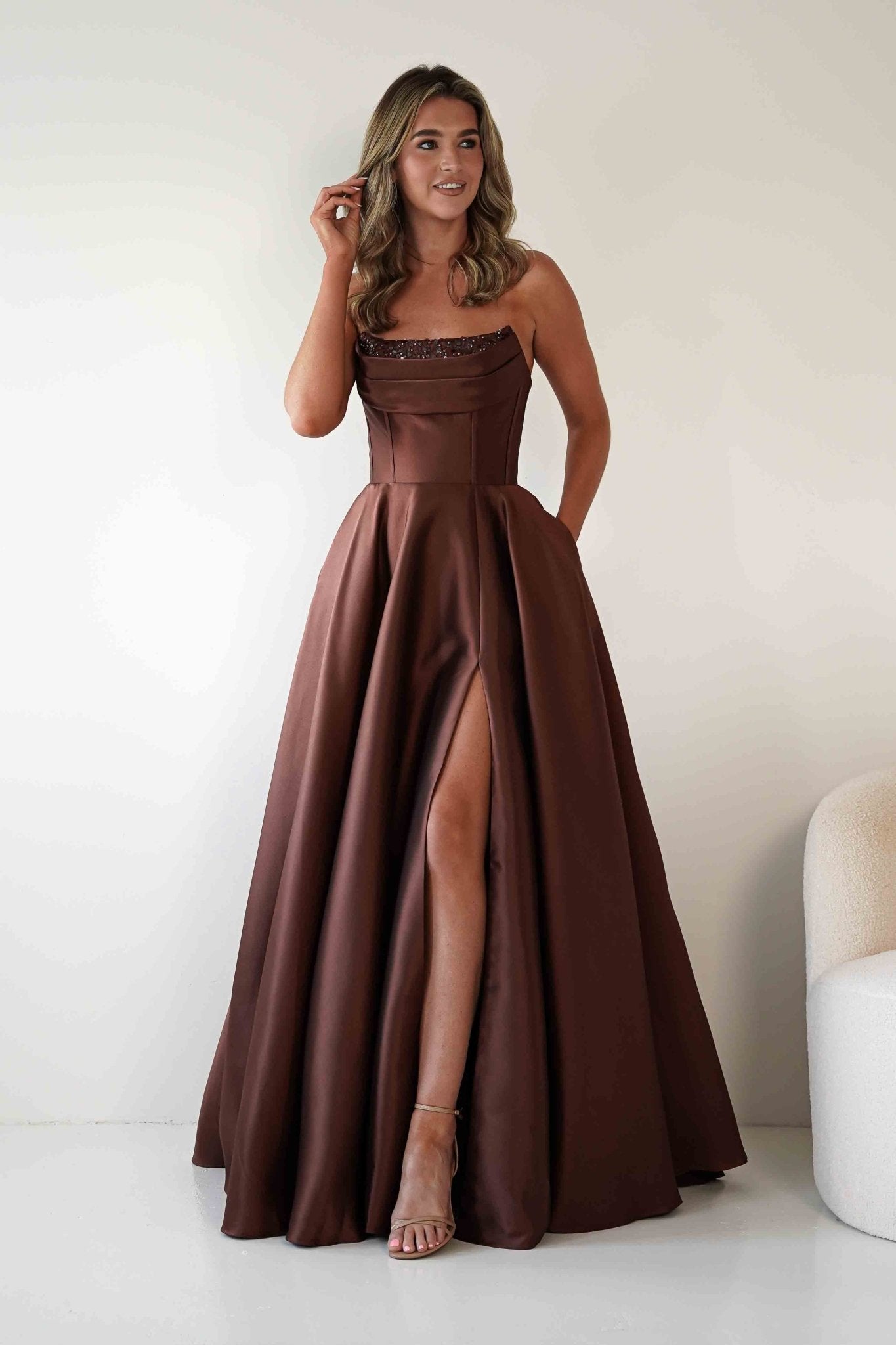 Pepper Strapless A-Line Maxi Gown | Brown | Debs & Prom | Formal Gown | Oh Hello Clothing