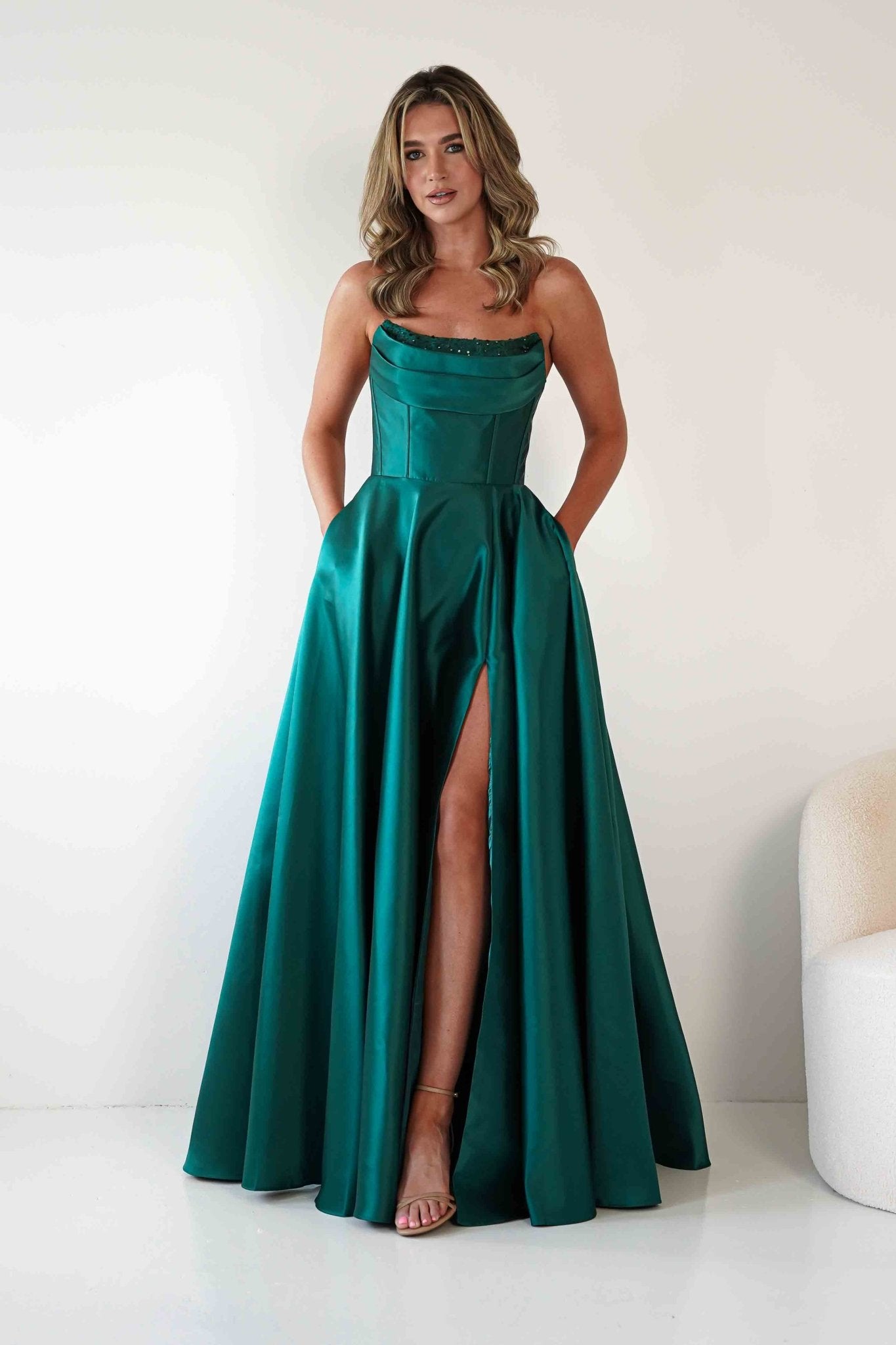 Pepper Strapless A-Line Maxi Gown | Emerald Green | Debs & Prom | Formal Gown | Oh Hello Clothing