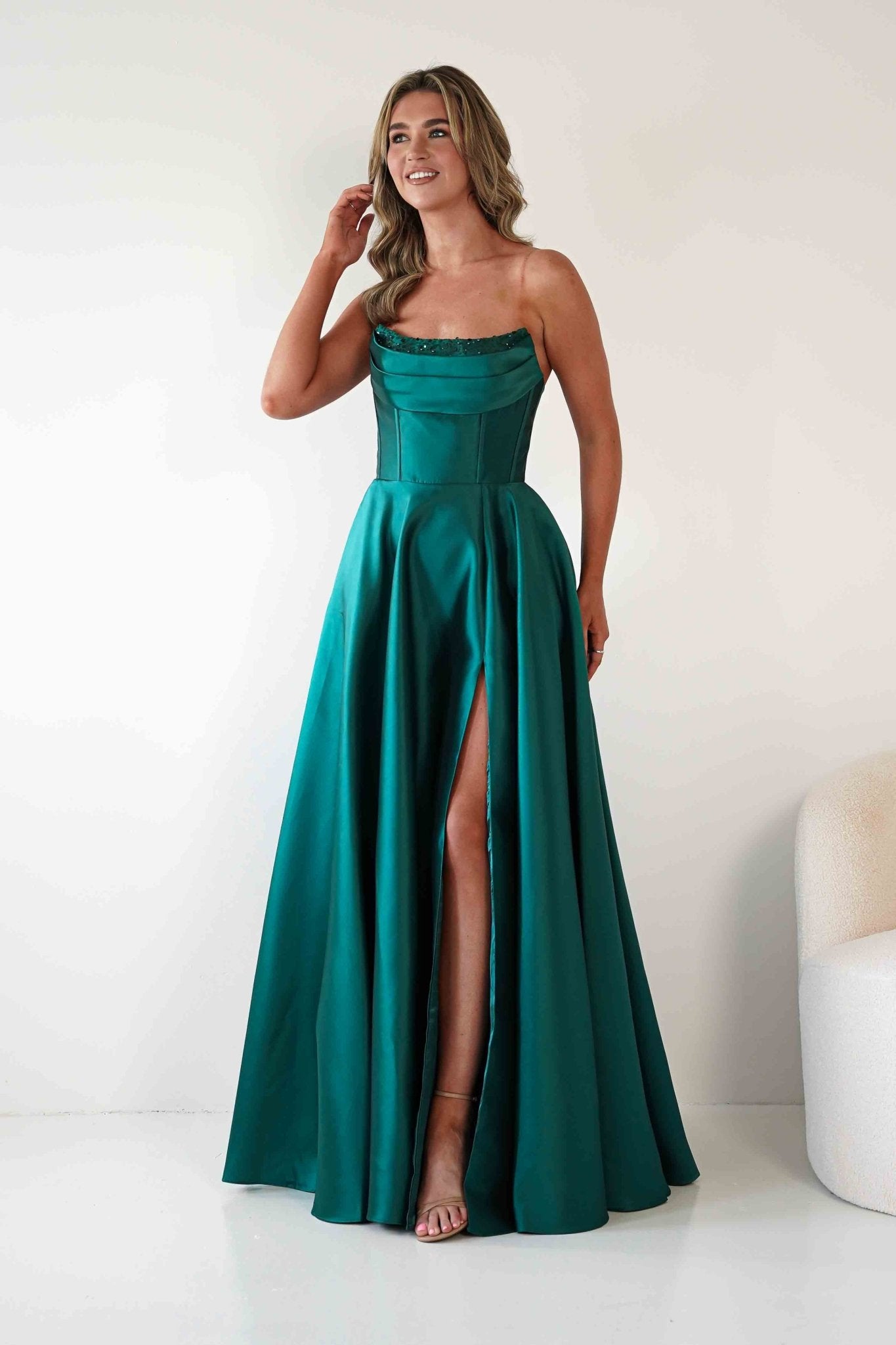 Pepper Strapless A-Line Maxi Gown | Emerald Green | Debs & Prom | Formal Gown | Oh Hello Clothing