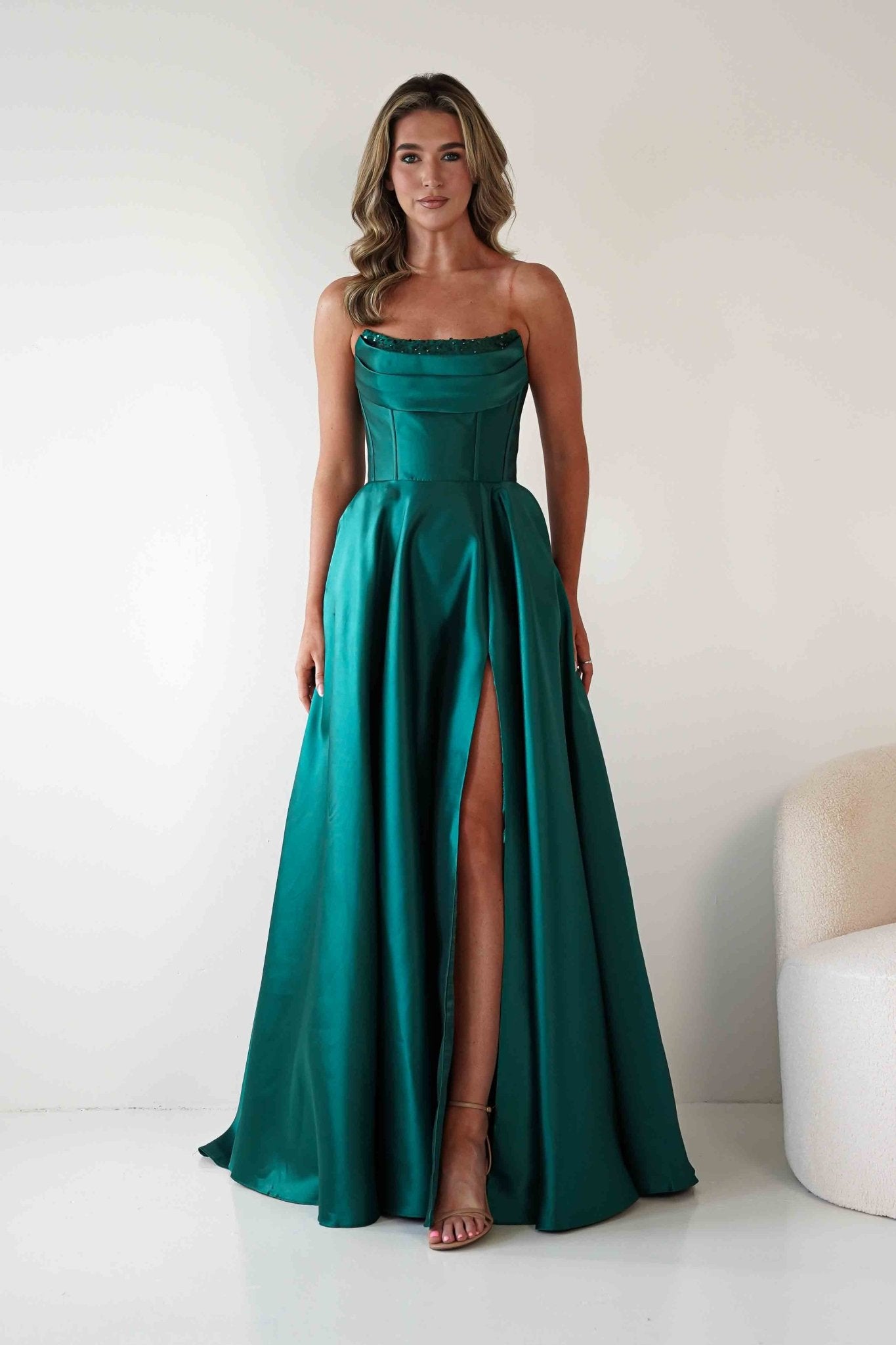 Pepper Strapless A-Line Maxi Gown | Emerald Green | Debs & Prom | Formal Gown | Oh Hello Clothing