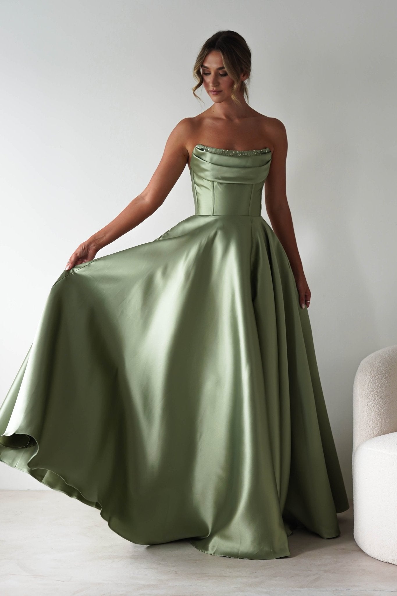 Pepper Strapless A-Line Maxi Gown | Sage | Debs & Prom | Formal Gown | Oh Hello Clothing
