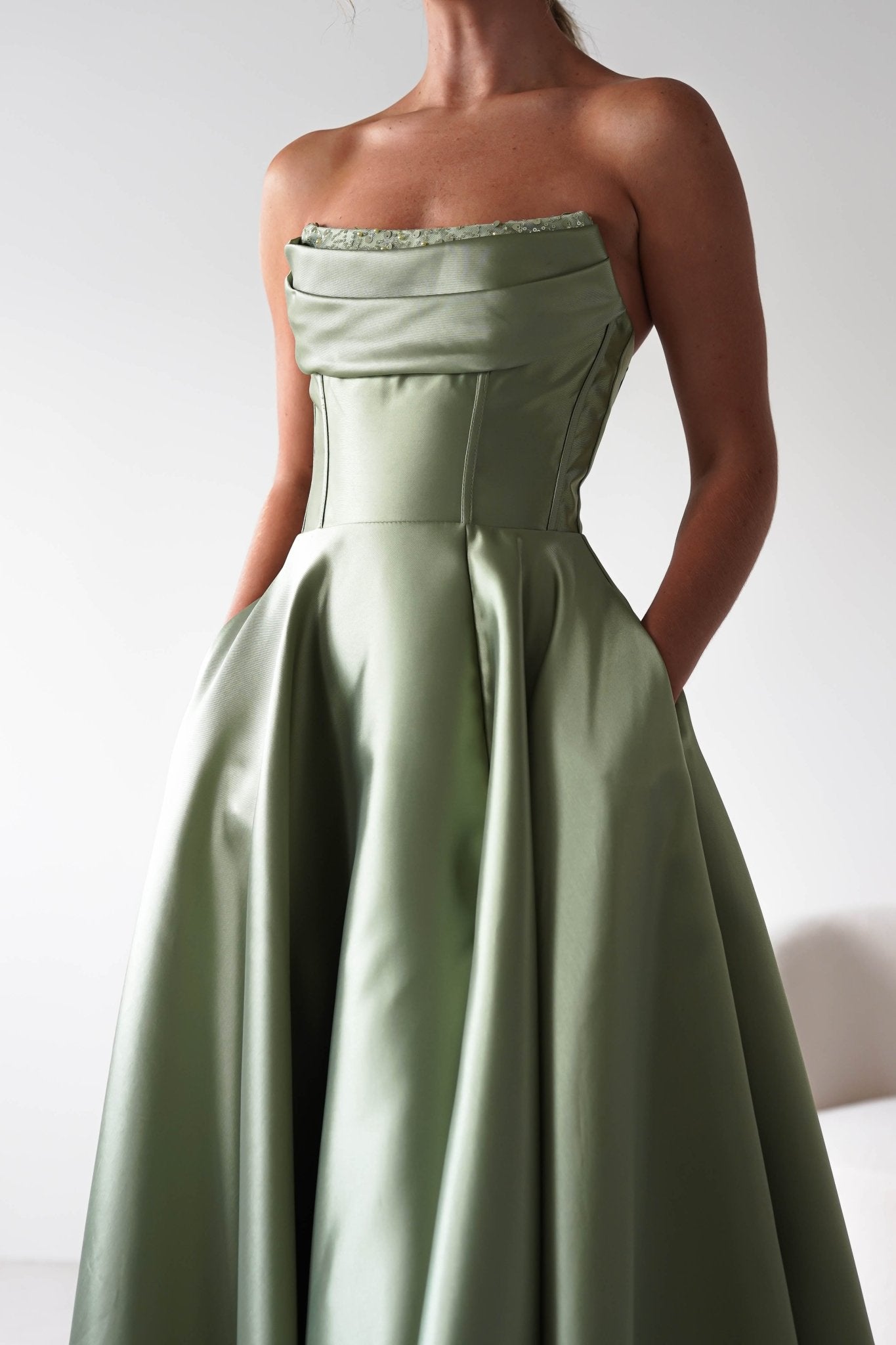 Pepper Strapless A-Line Maxi Gown | Sage | Debs & Prom | Formal Gown | Oh Hello Clothing