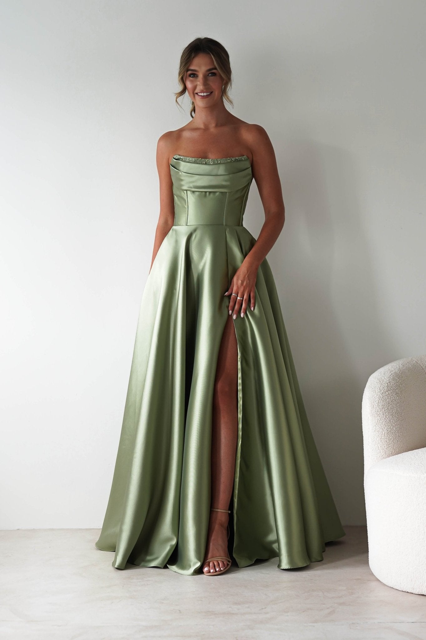 Pepper Strapless A-Line Maxi Gown | Sage | Debs & Prom | Formal Gown | Oh Hello Clothing