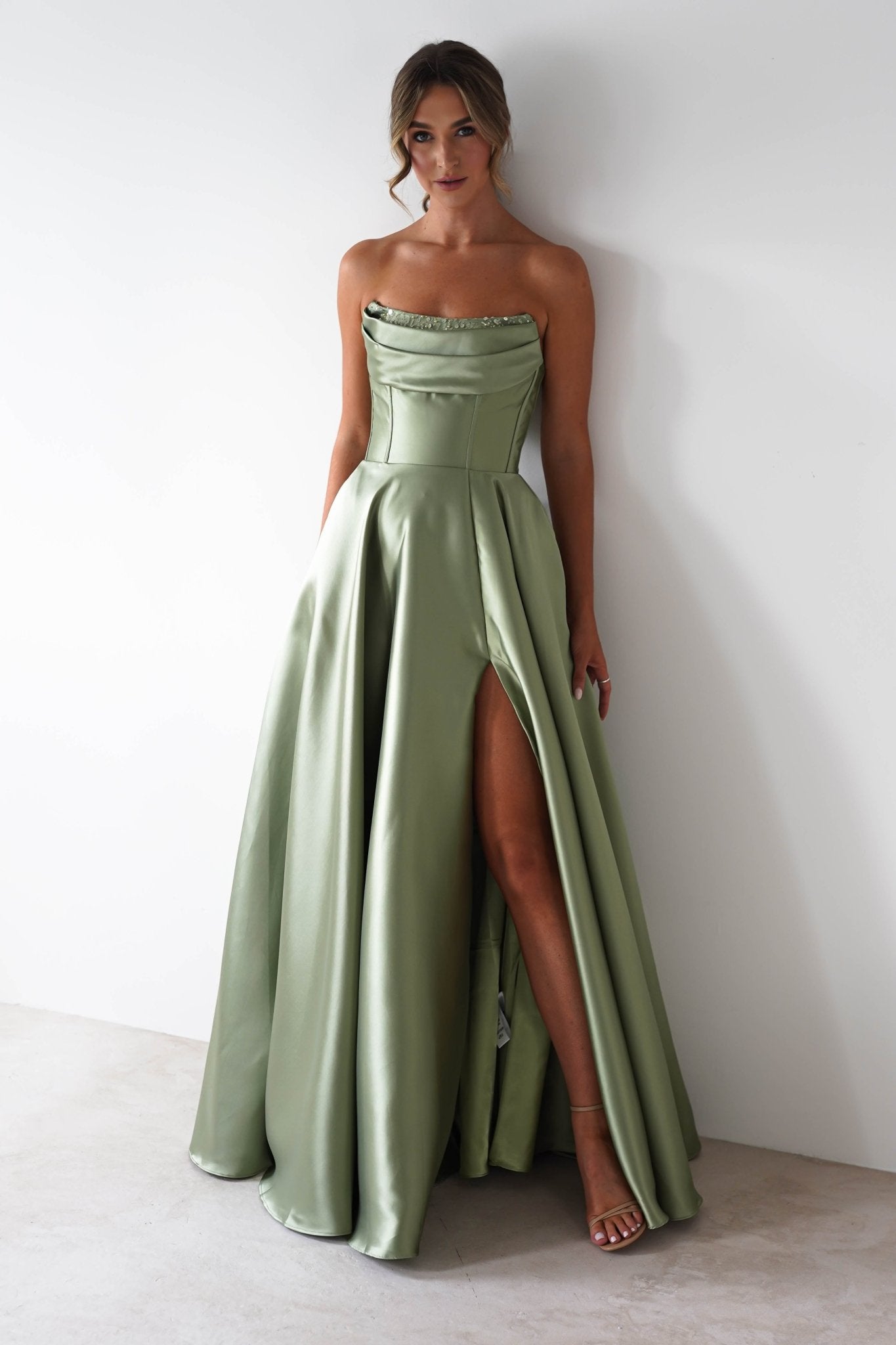 Pepper Strapless A-Line Maxi Gown | Sage | Debs & Prom | Formal Gown | Oh Hello Clothing