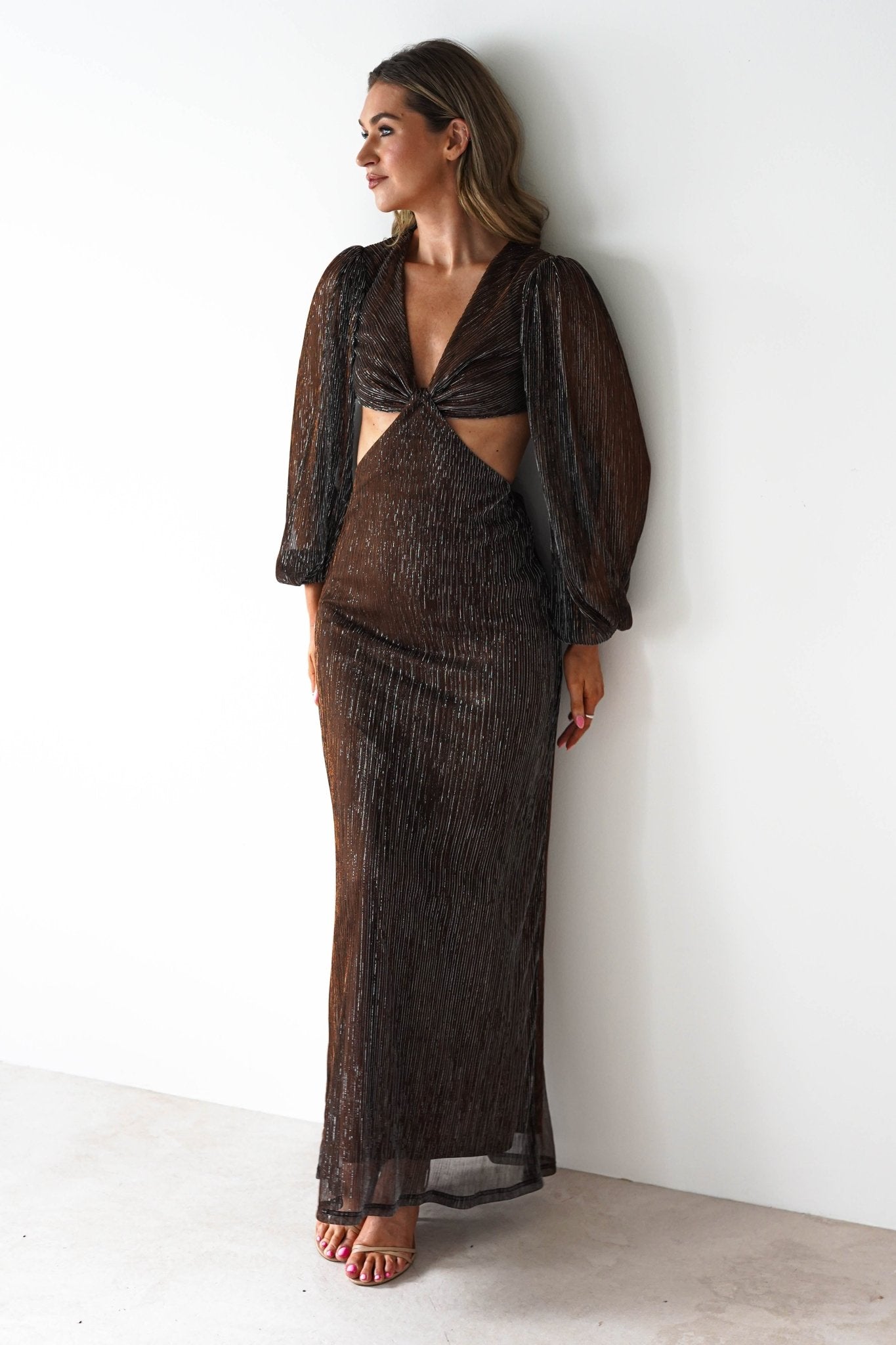 Pietra Plisse Cut Out Maxi Dress Brown | Wedding Guest Dress | Maxi | Oh Hello Clothing
