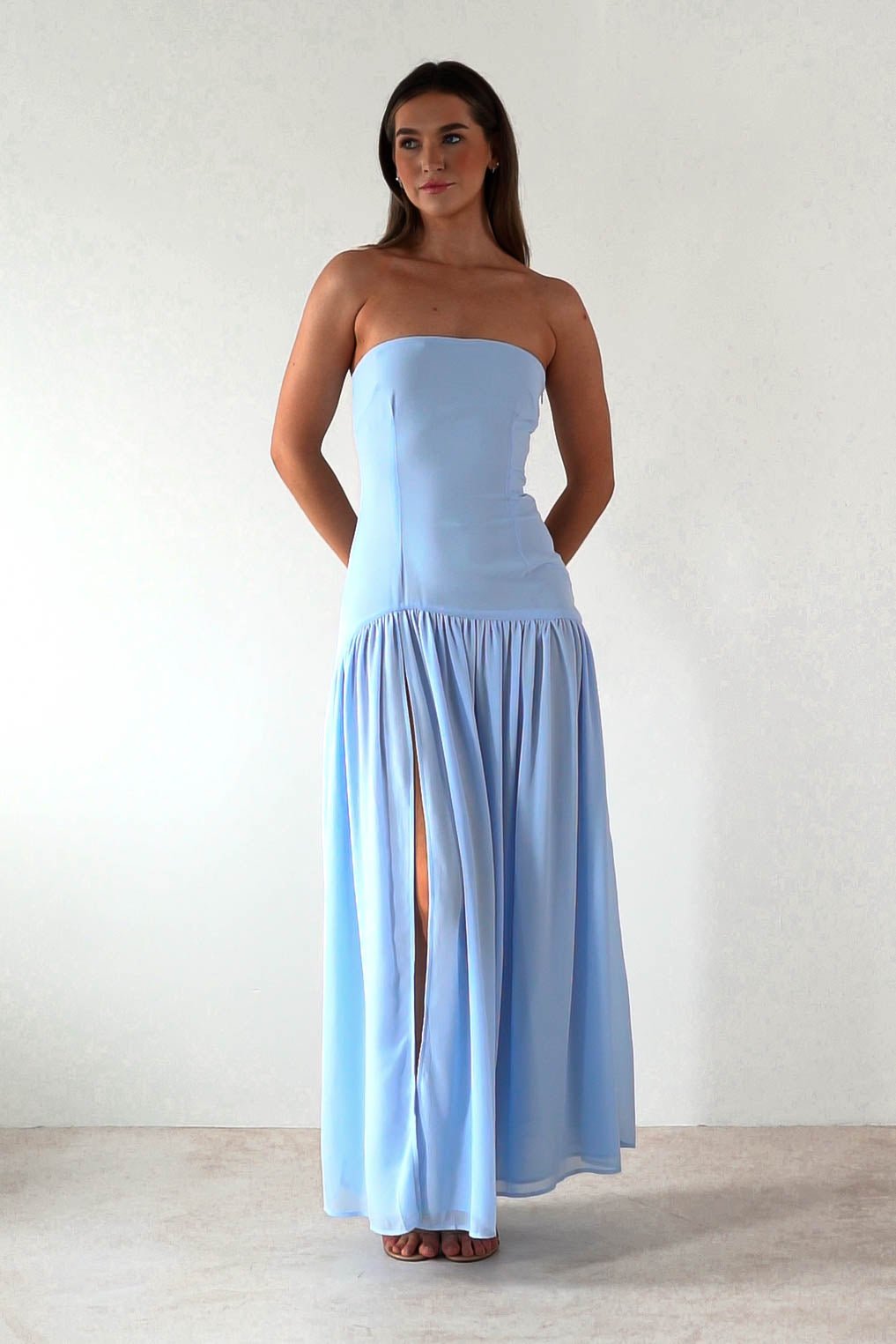 Polinna Strapless Chiffon Maxi Dress Blue | Wedding Guest Dress | Maxi | Chiffon | Oh Hello Clothing