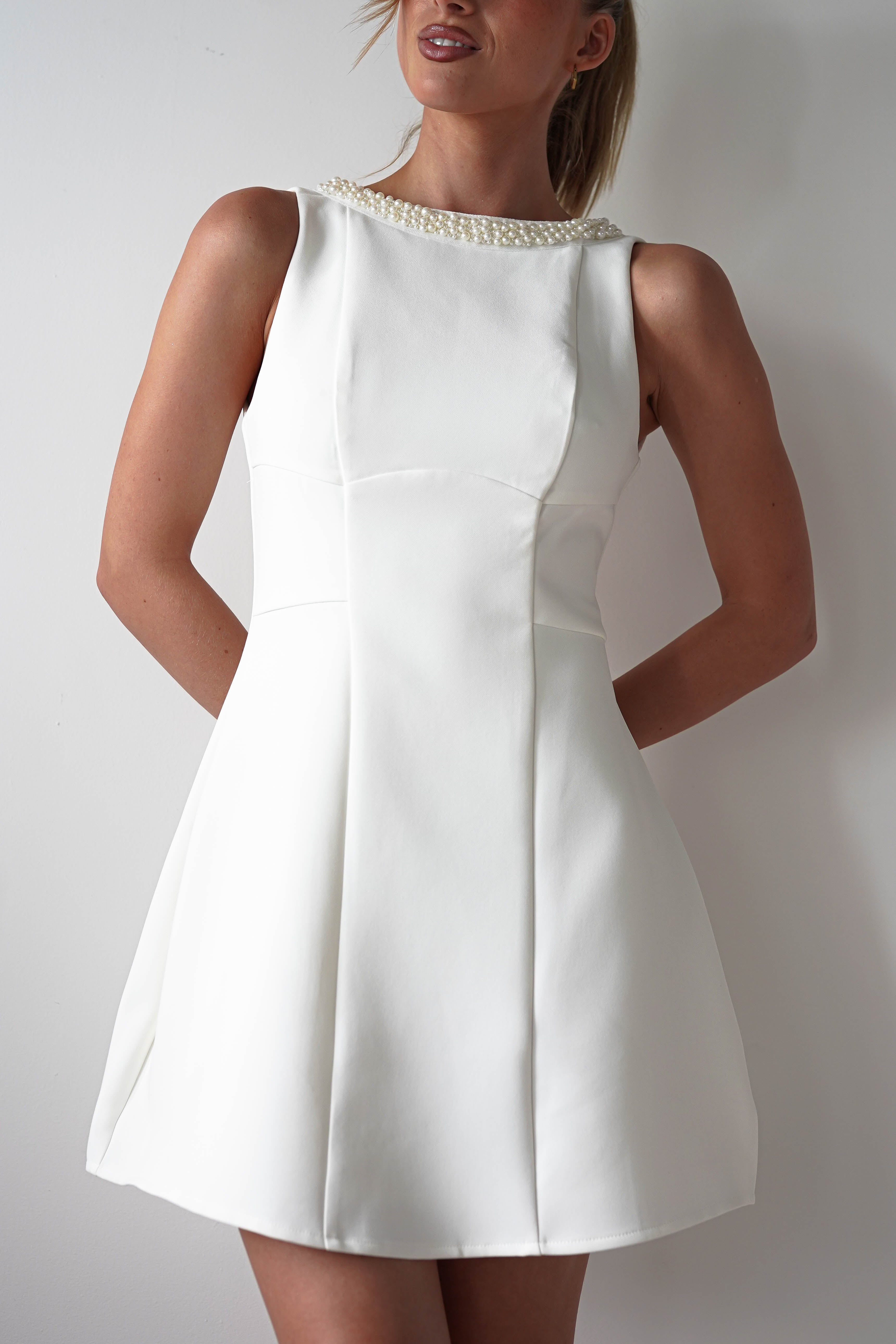 Polly Structured Pearl Detail Mini Dress | White | Graduation | Bride To Be Hen Dress | Oh Hello Clothing